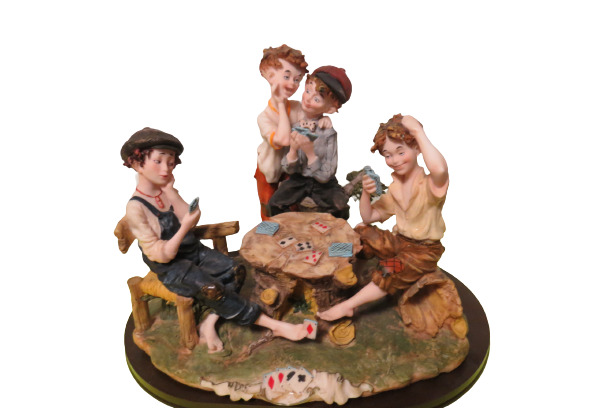 Capodimonte Style Figurine 4 Boys Playing Cards Large Heavy Piece On Wood Base 