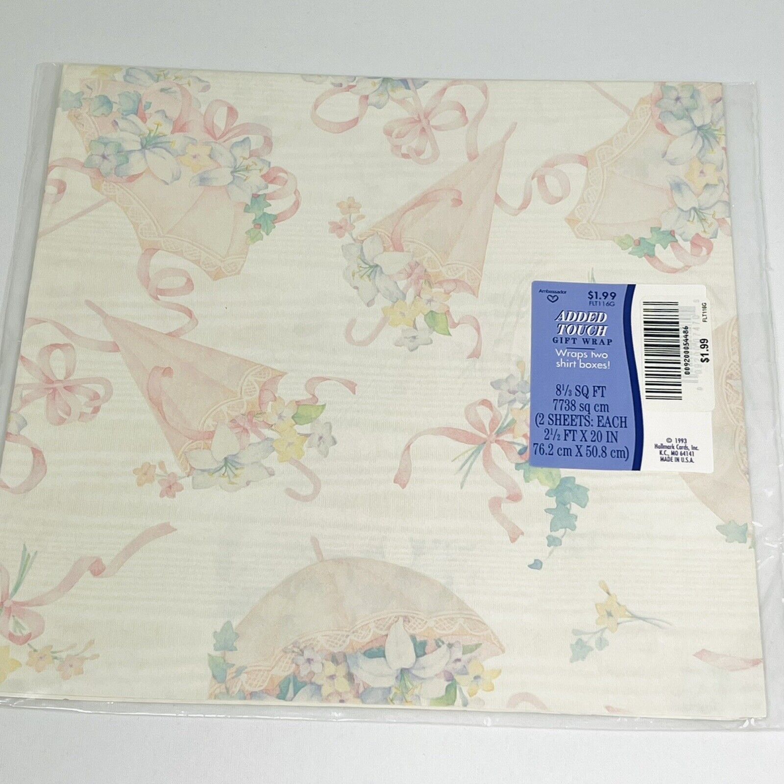 Vintage Bridal Shower Pink Gift Wrap Umbrella Flowers Wrapping Paper Sealed 1993