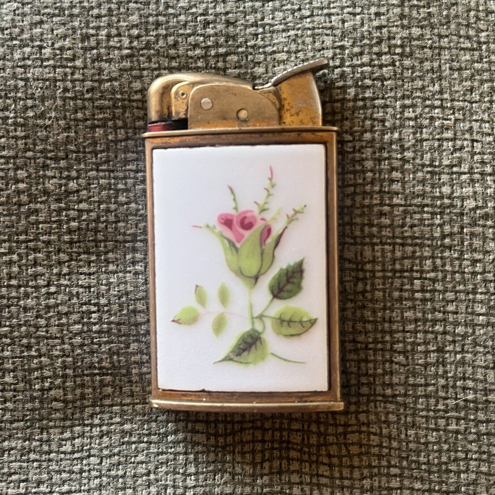 Vintage 1950’s Evans Ladies Pocket Lighter Brass W/Floral Enamel