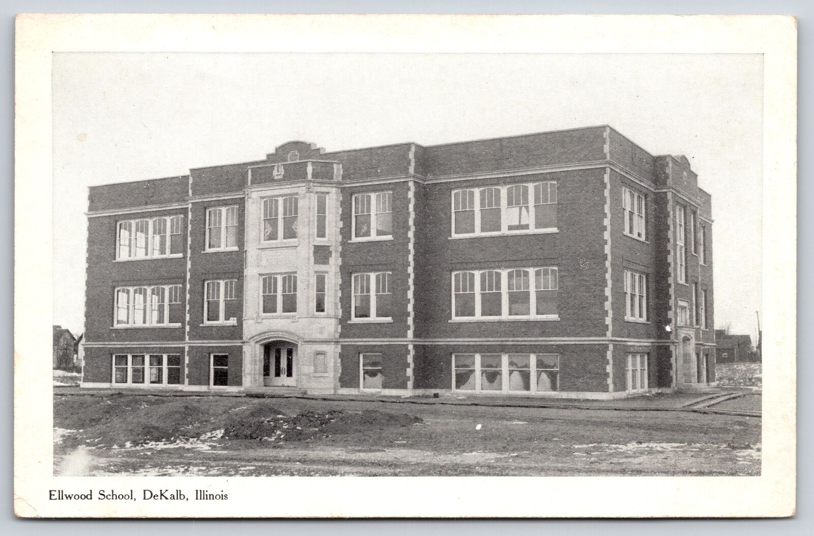 DeKalb Illinois~Ellwood School Building~Houses in Distance~1920s B&W Postcard
