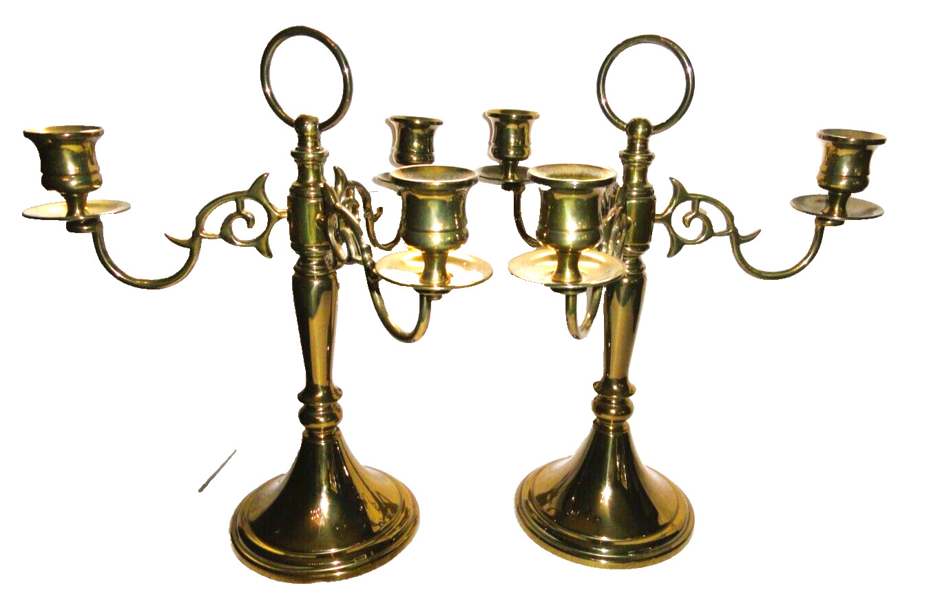 2 Vintage Heavy Brass 3 Candle Candelabras ~ Pair 11” Candlestick Holders ~ USA