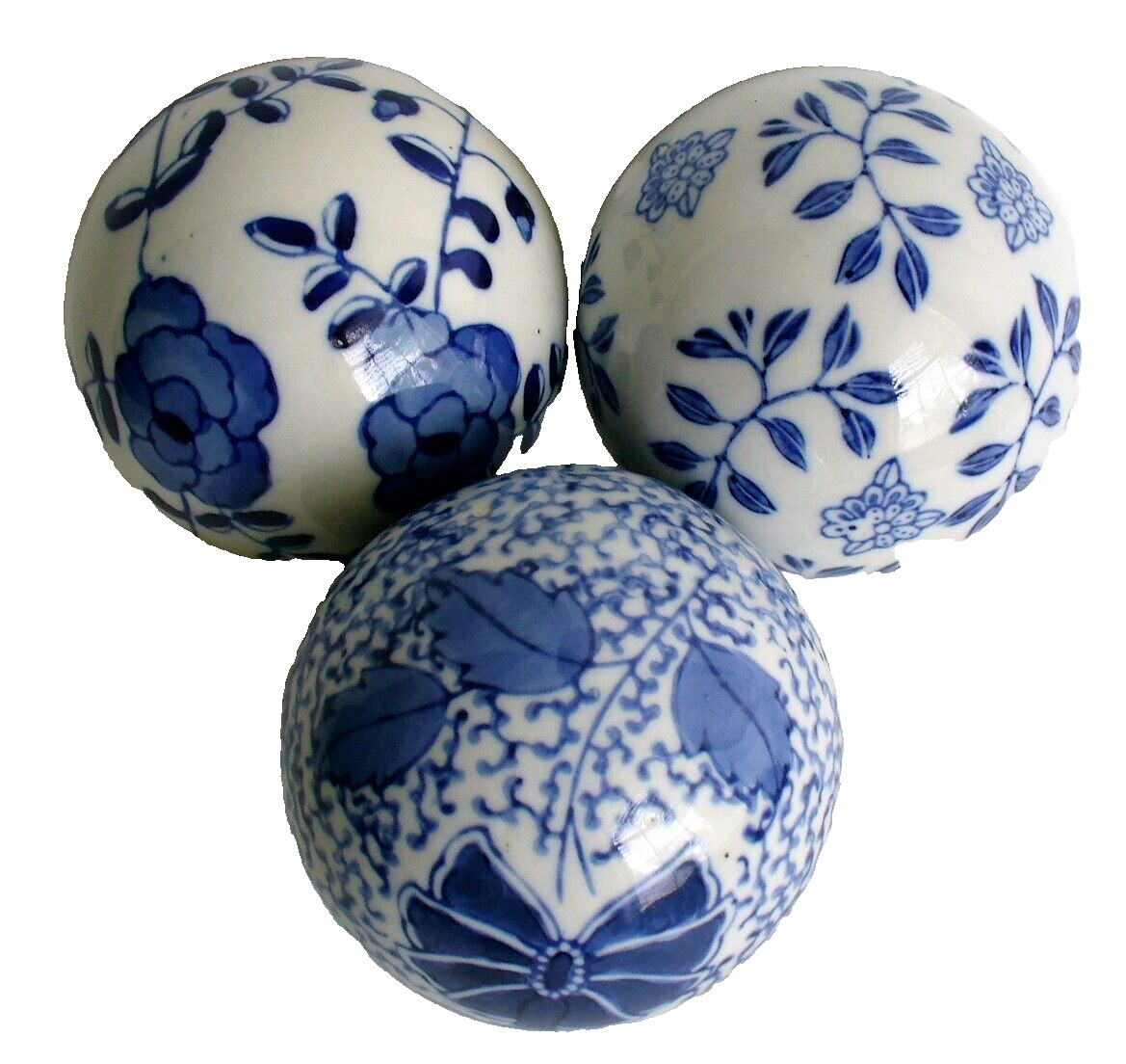 3pc.~Ceramic~CARPET BALLS~Floral~BLUE & WHITE~Porcelain~ORNATE~Decor~3 1/4\