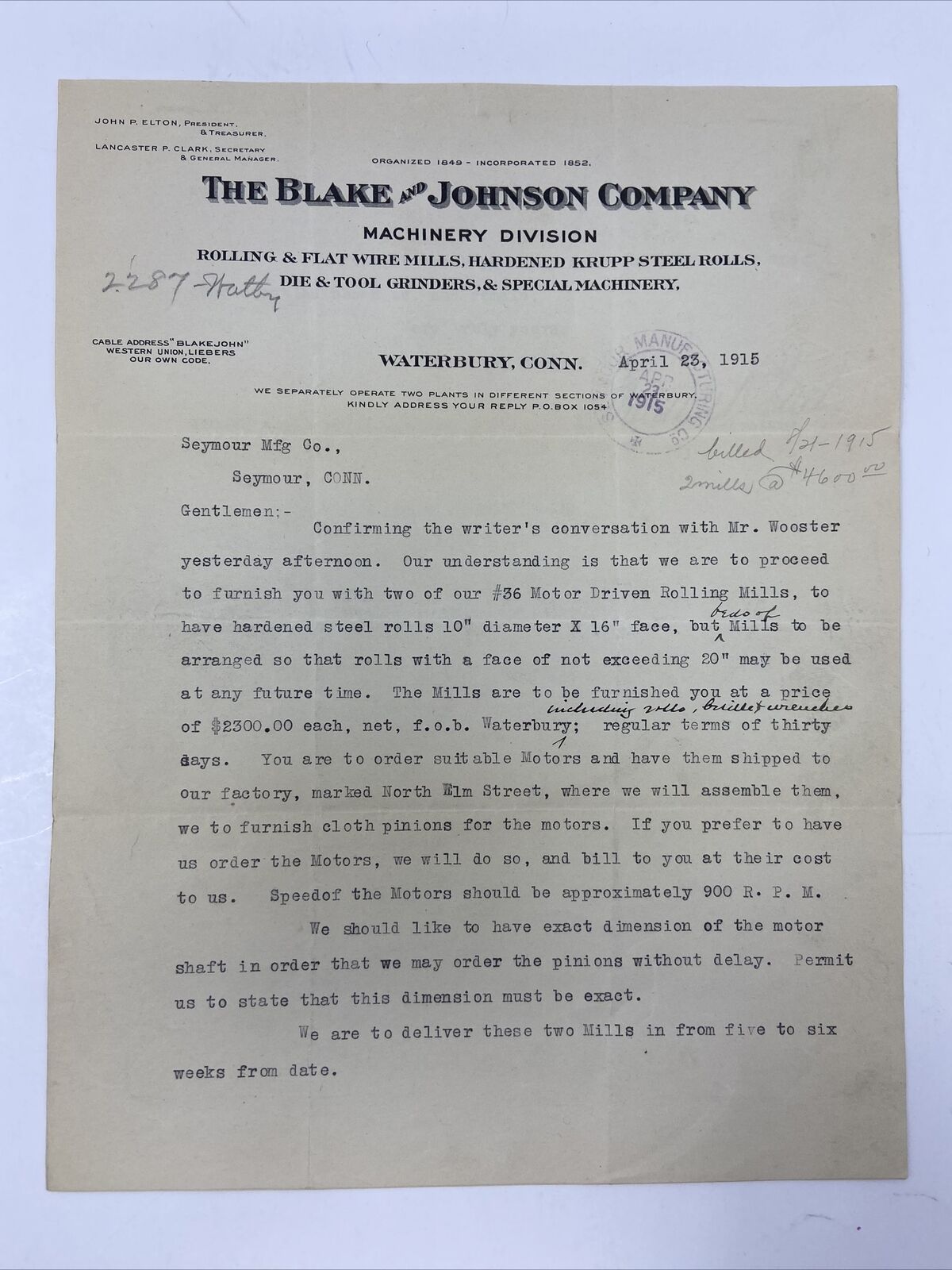 1915 The Blake and Johnson Company Letterhead Waterbury CT Machinery Division