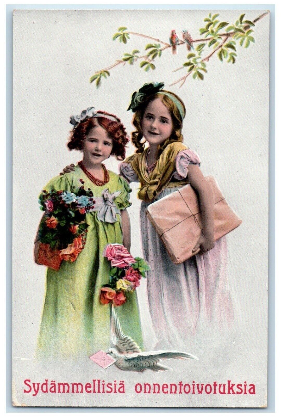 c1910's Best Wishes Girls Holding Gift And Flowers Birds Gel Antique Postcard