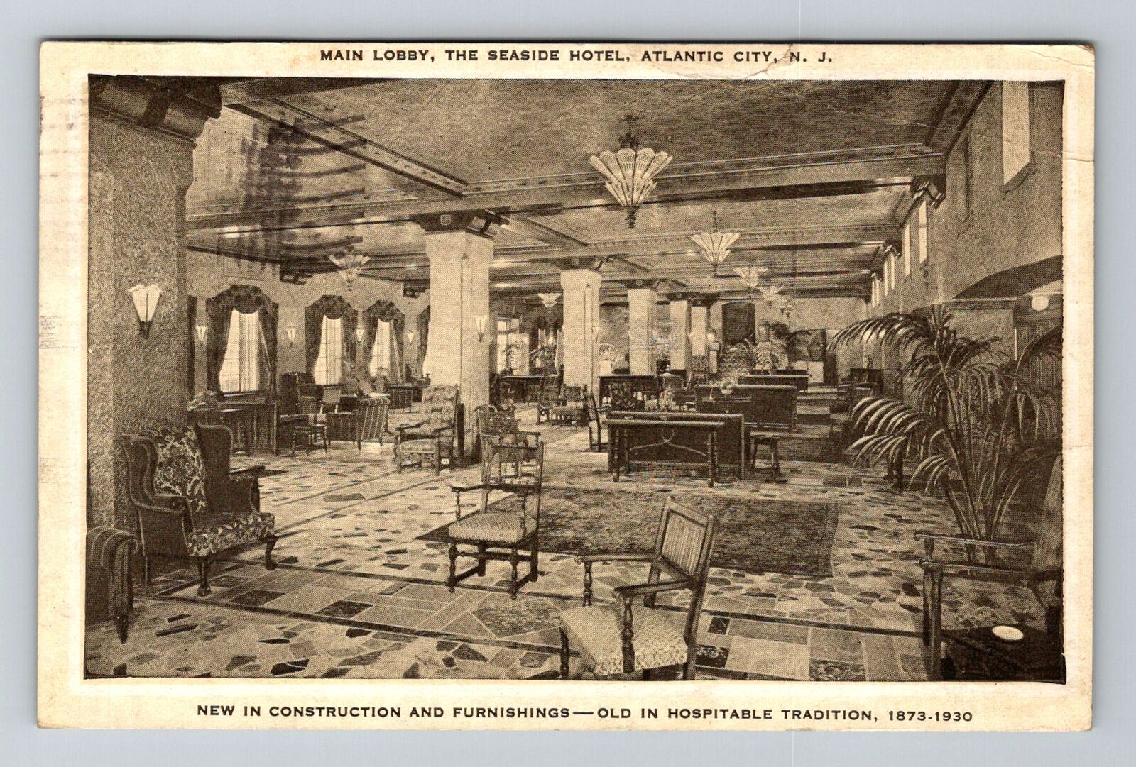 Atlantic City NJ-New Jersey, Main Lobby, Seaside Hotel, Vintage c1931 Postcard