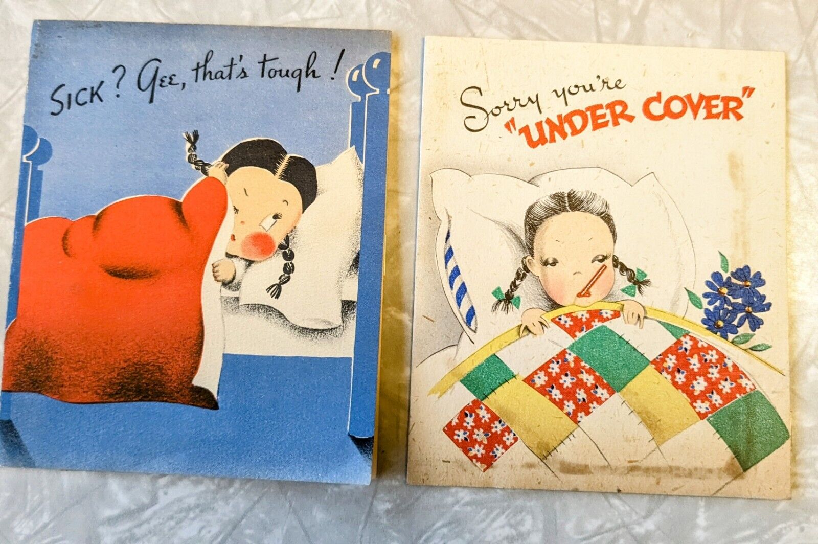 2 Antique Vintage Get Well Used Greeting Cards 1941 USA Gibson & Susie Q 