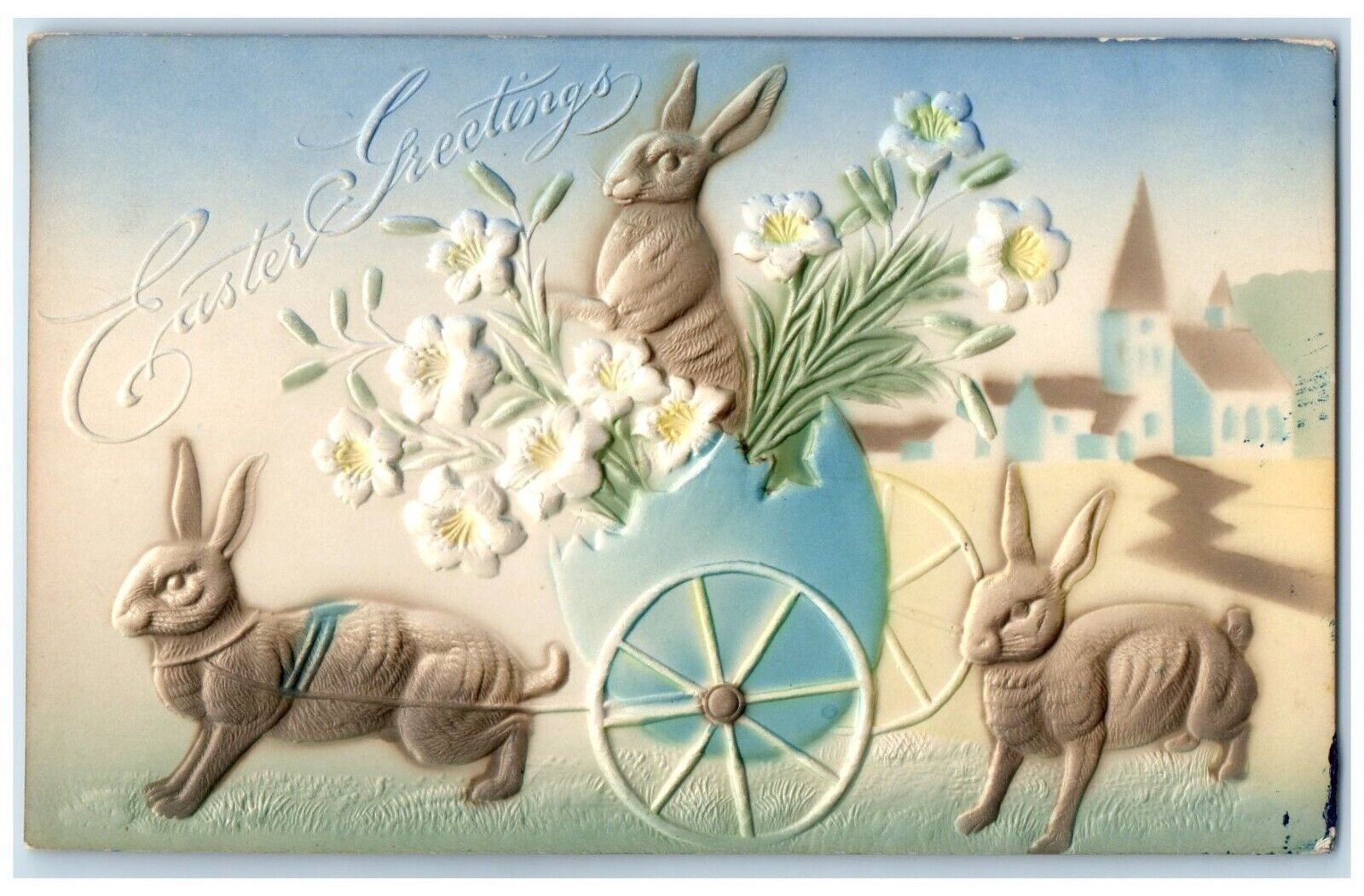 c1910s Easter Greetings Rabbit Pulling Cart Egg Hatched Airbrushed Postcard