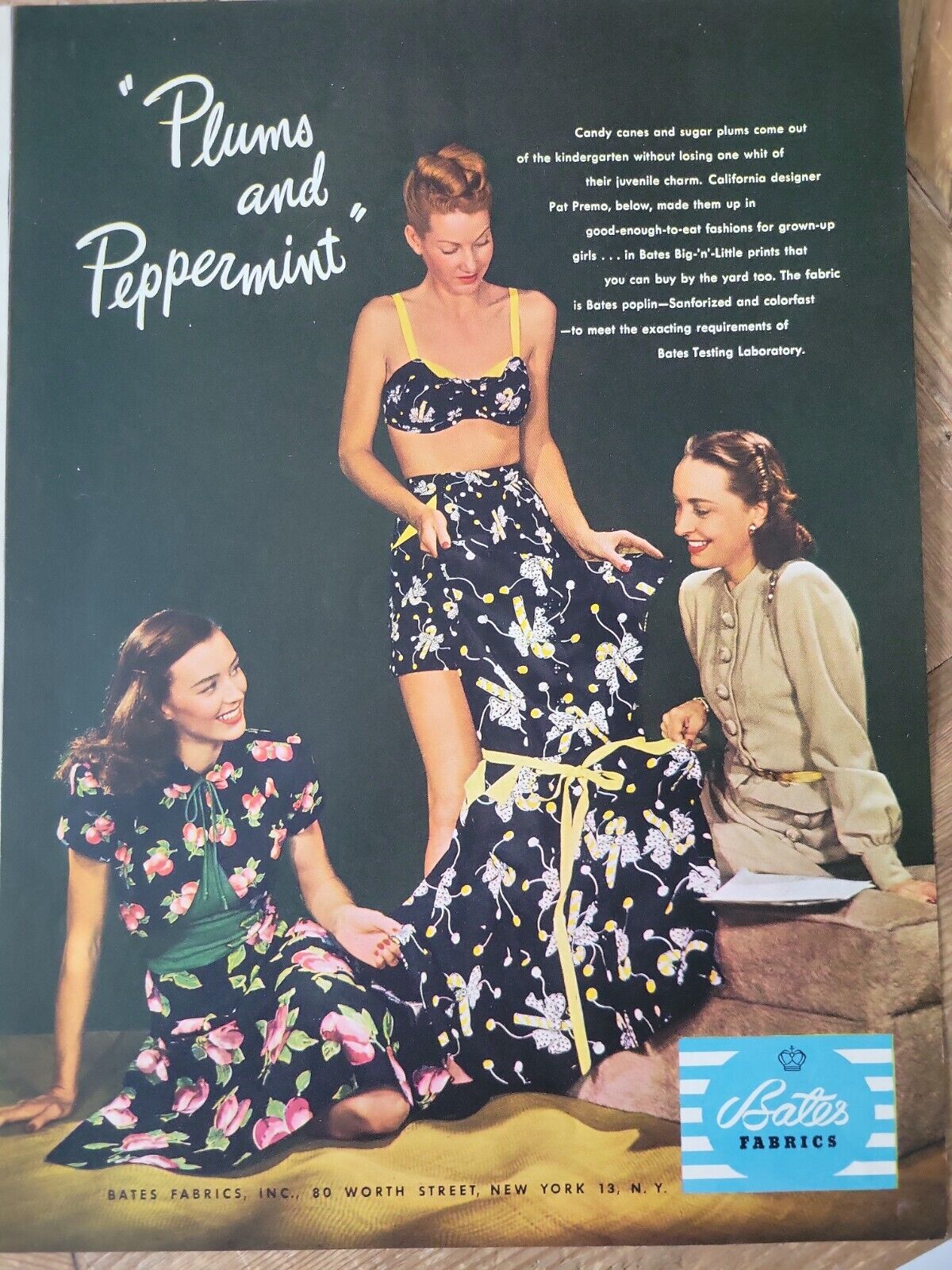 1946 Bates Disciplined fabric womens  swimsuit plums peppermints Pat Premo  ad