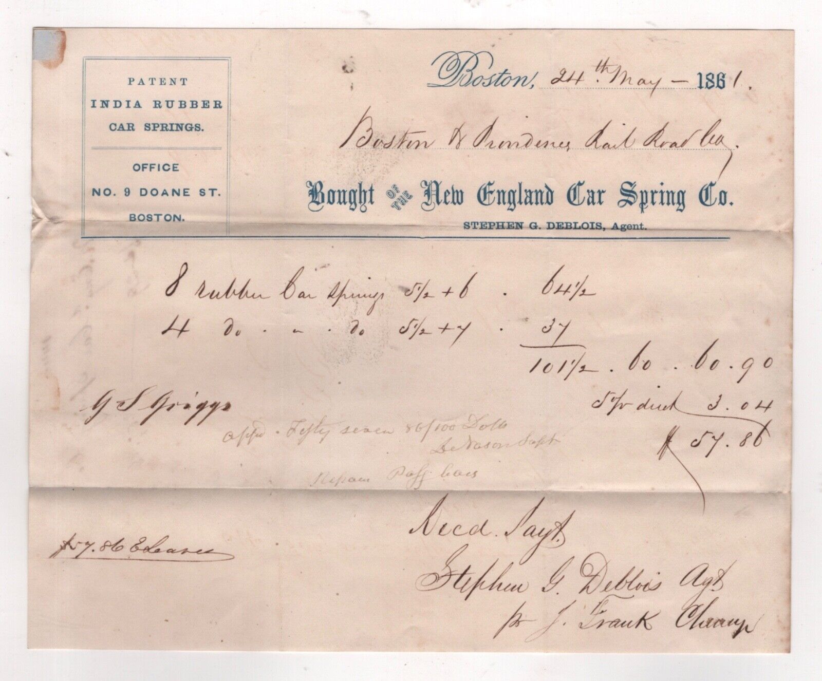 1861 NEW ENGLAND CAR SPRING CO BILLHEAD INDIA RUBBER DOANE ST BOSTON MA RAILROAD