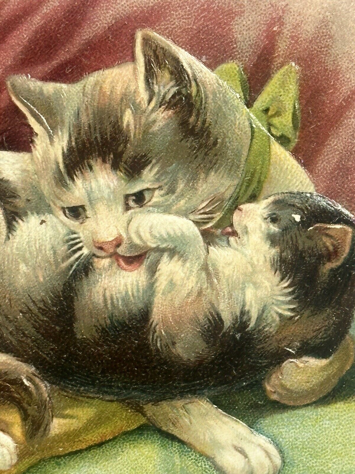 Cat Postcard Kittens Watch Mother Green Bow Bath Time Pillow Series 592