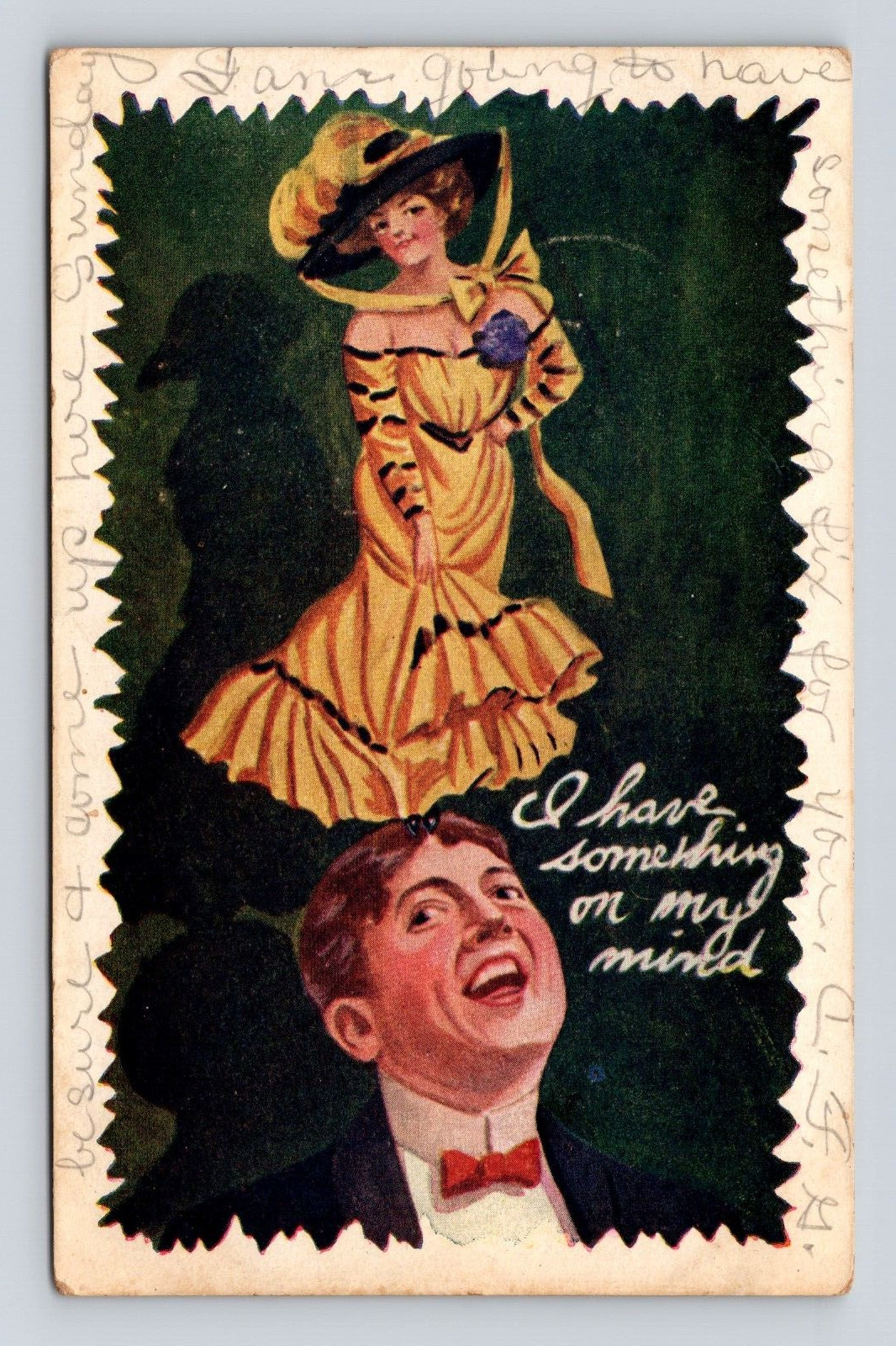 Antique Romance Postcard Man Woman Big Hat Something on My Mind Dresden TN 1910