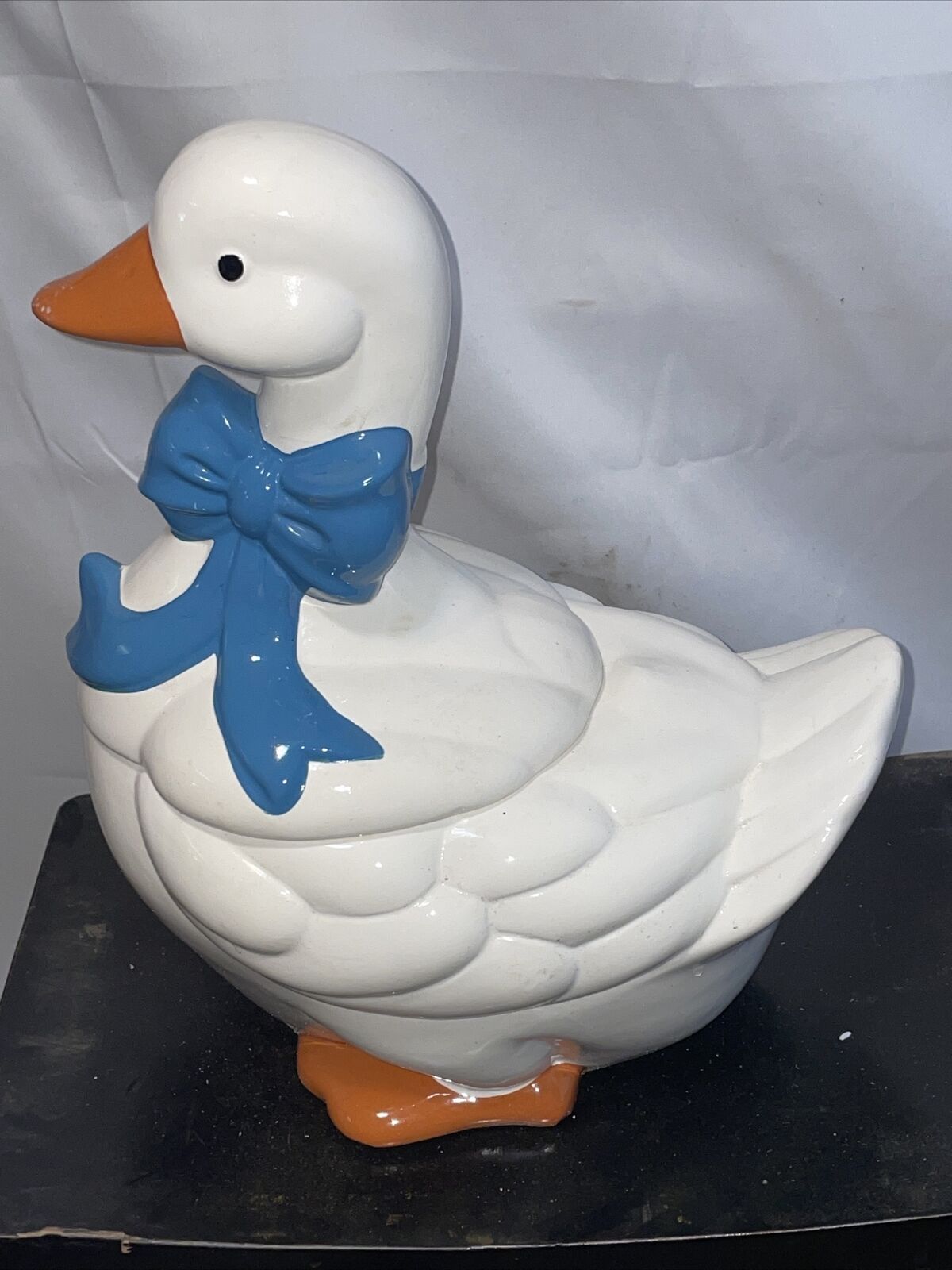 Mother Goose Duck Ceramic Cookie Jar Blue Ribbon Orange Feet Vintage