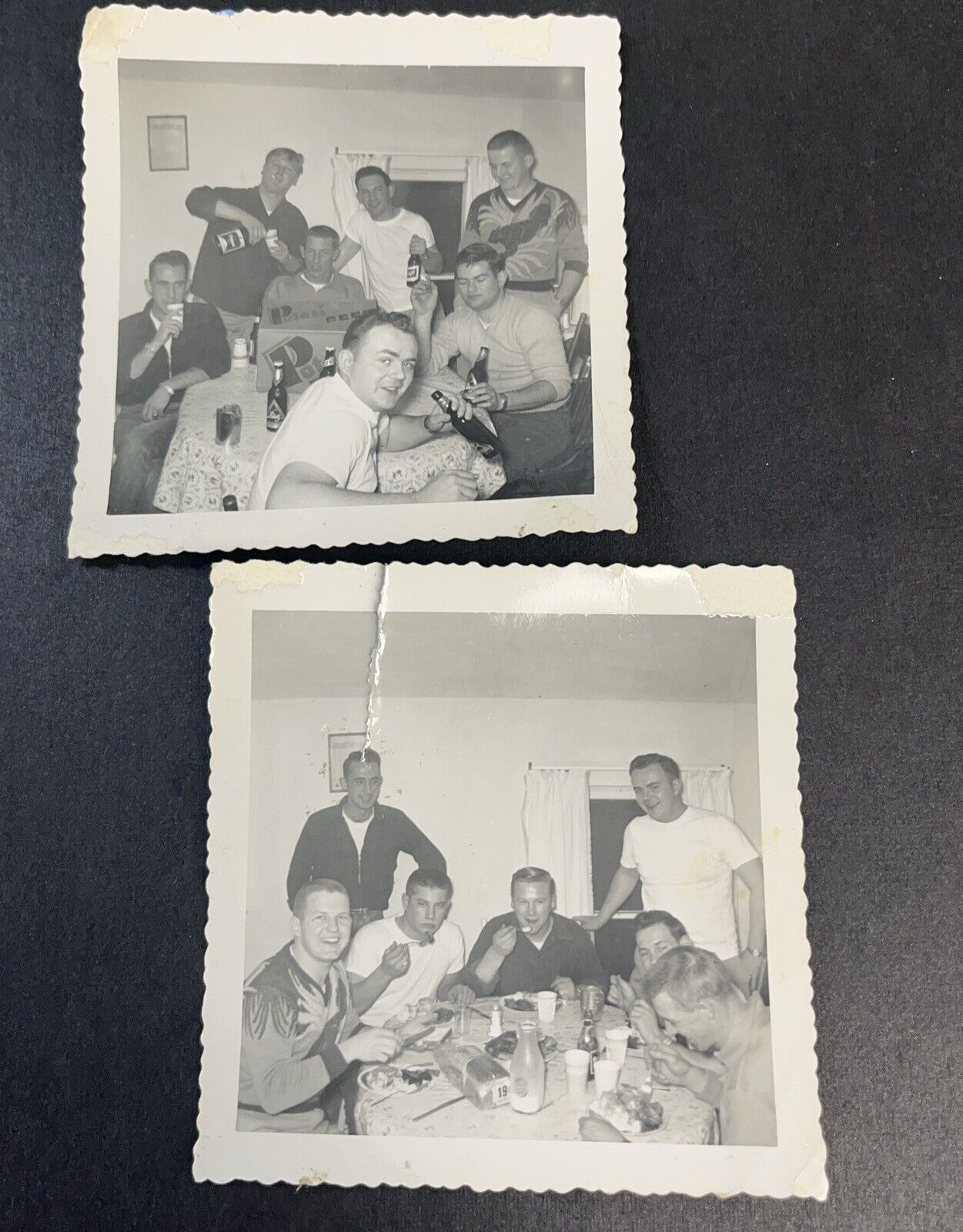 2 Vintage B&W Photos Handsome Men at a Farewell Party Eating Drinking 1954