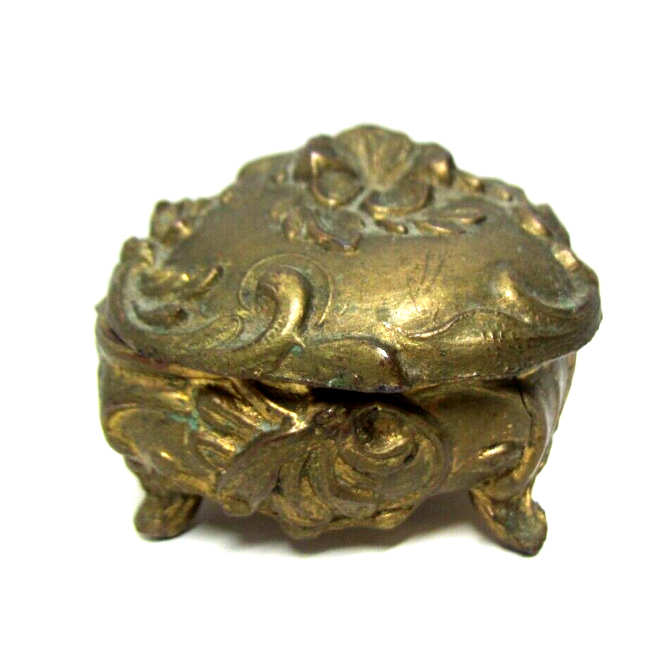 Vintage Art Nouveau Gold Tone Metal Footed Trinket Casket Jewelry Box Lined