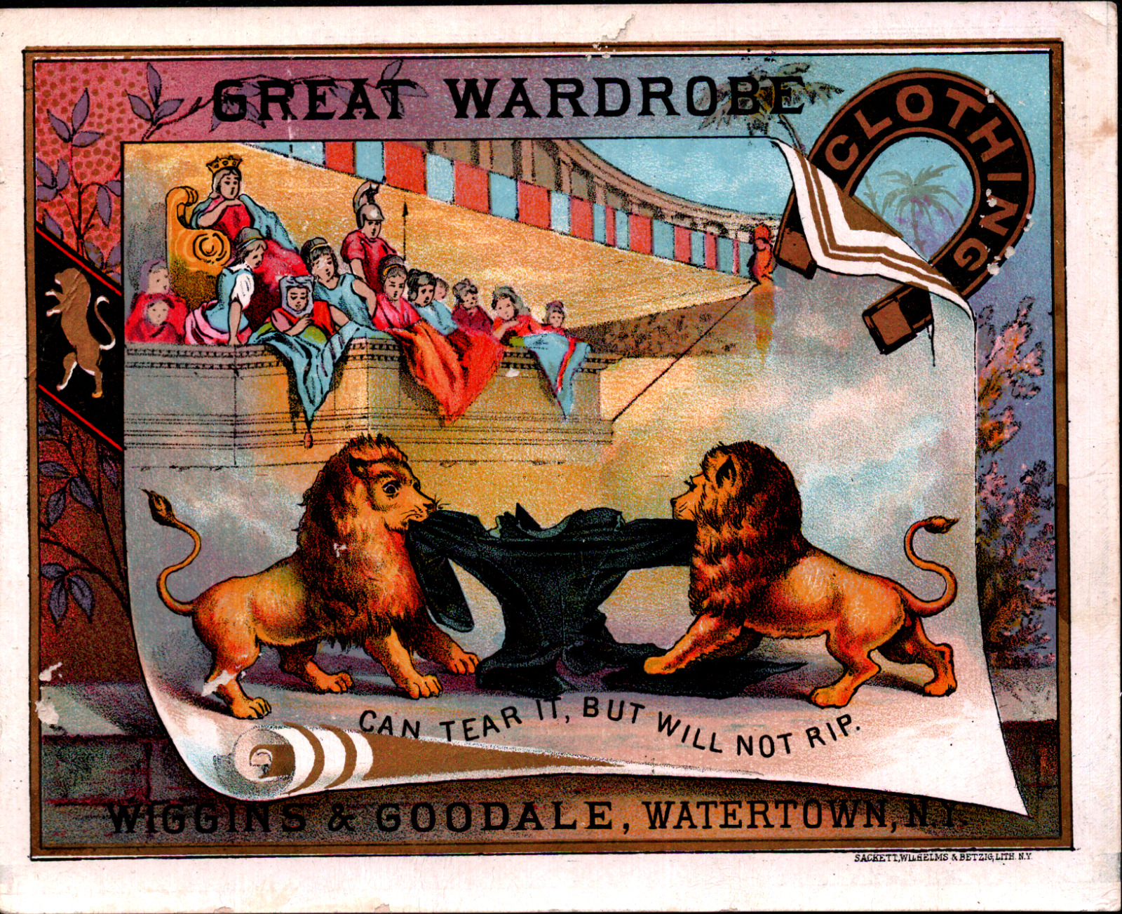 Great Wardrobe Watertown NY Trade Card Lions Tear Clothing in Roman Coliseum