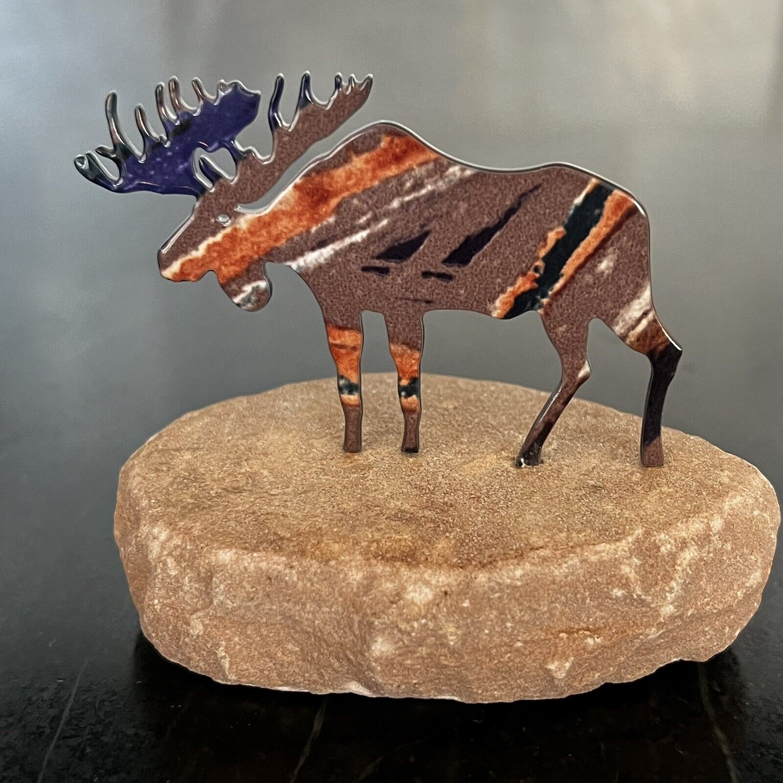 Multicolor Laser Cut Metal Moose Mounted On Sandstone Base Figurine