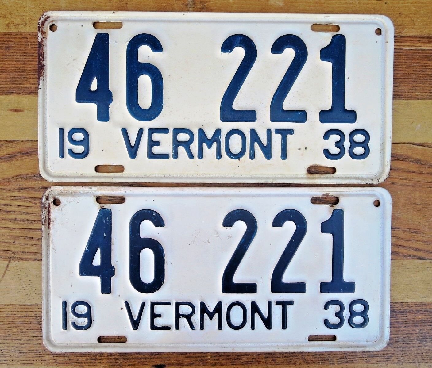 Vermont 1938 License Plates Pair of Matching #46-221 Vintage DMV White w Blue