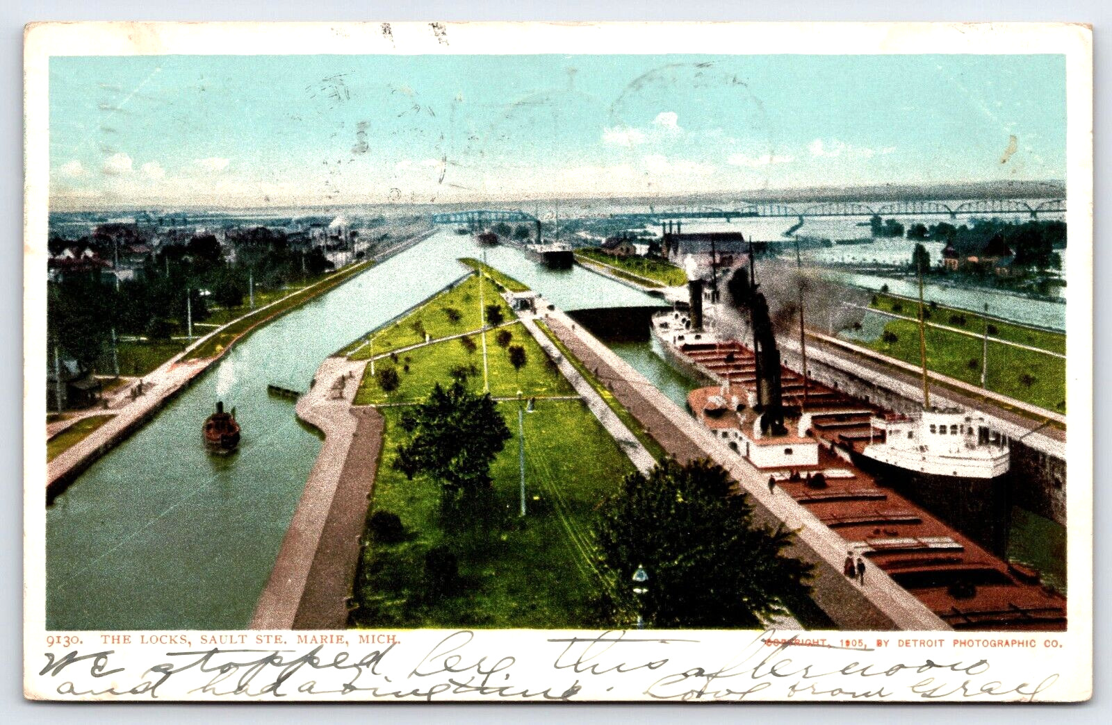 Original Old Vintage Antique Postcard Boat Locks Aerial Landscape Marie Michigan