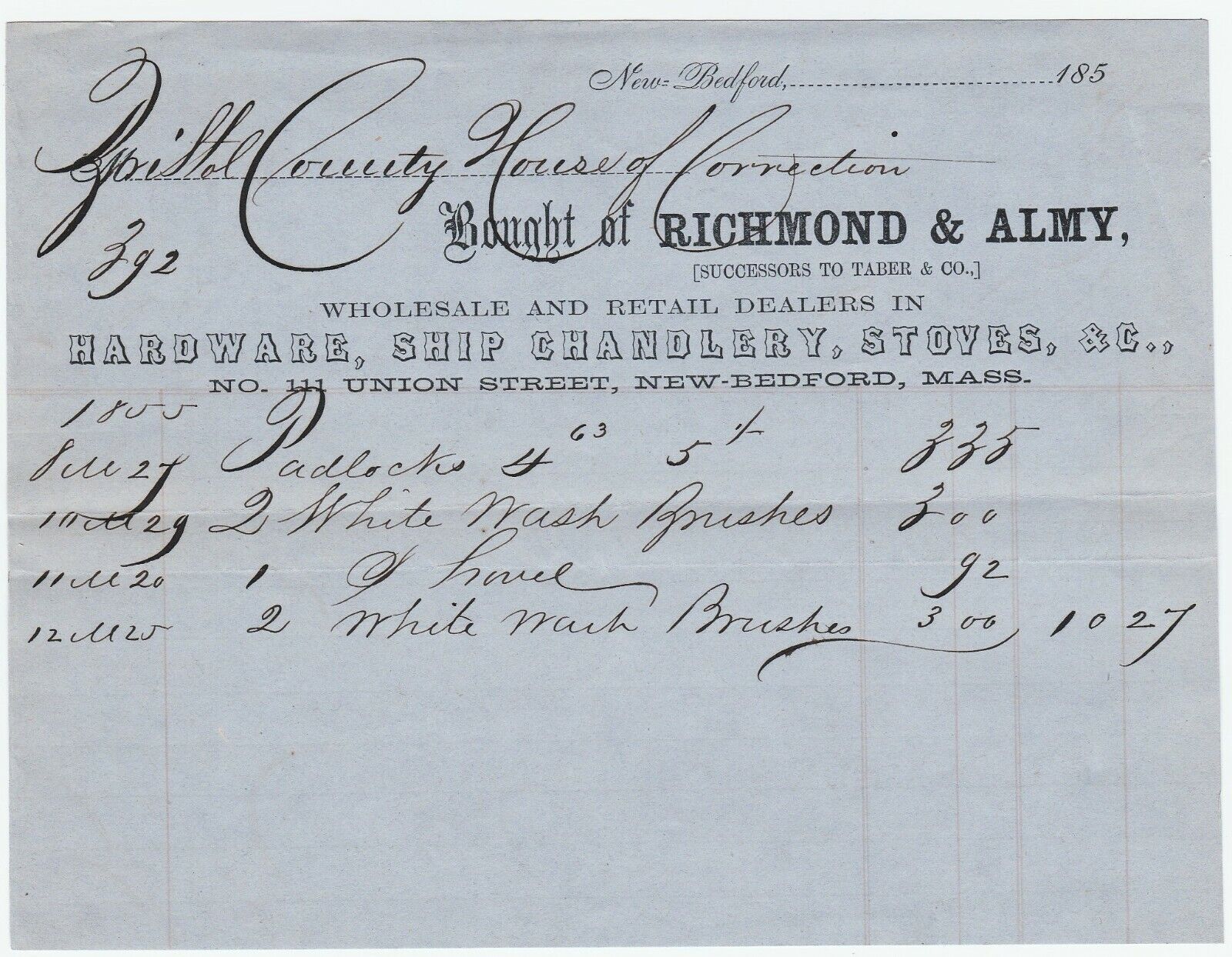 RARE Billhead - Taber Co - Richmond & Almy New Bedford MA 1855  Whaling - Jail