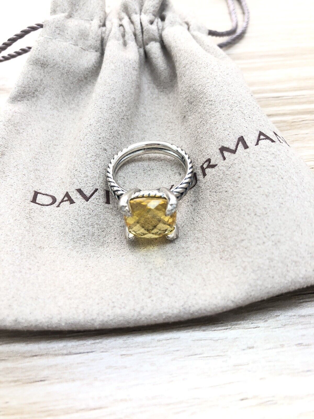 David Yurman Sterling Silver 9mm Chatelaine Lemon Citrine Ring & Diamonds sz 7