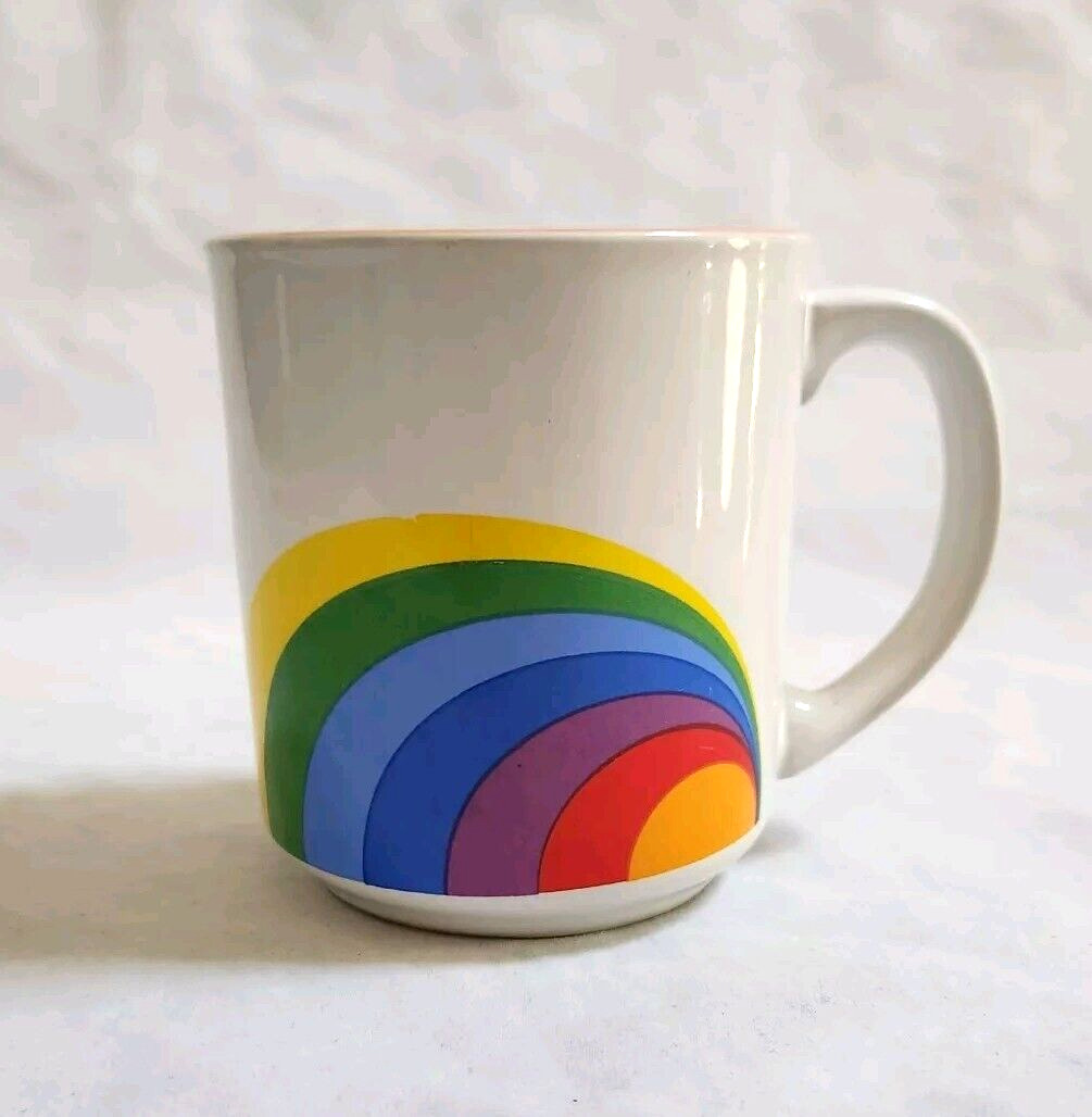 Vintage Sunnycraft Rainbow Coffee Tea Mug Cup Stoneware Orange Rim Pride Korea