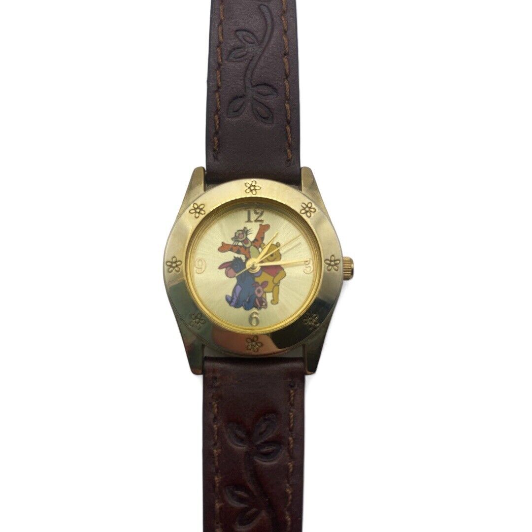 Vintage Winnie the Pooh and Friends Watch Genuine Brown Leather and Gold Tone