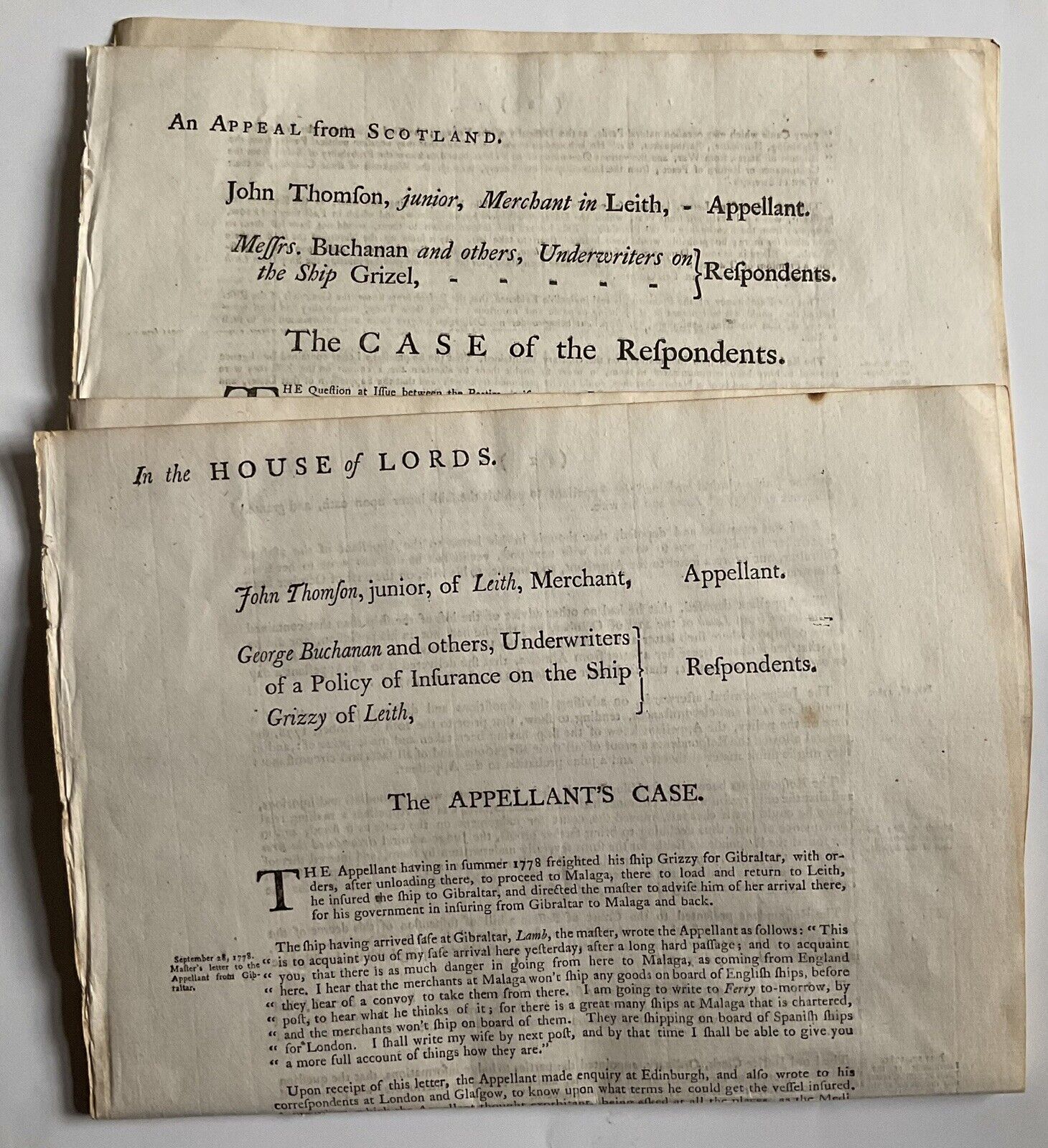 Old Documents, Gibraltar, John Thomson, Leith Merchant. House of Lords. 1782.