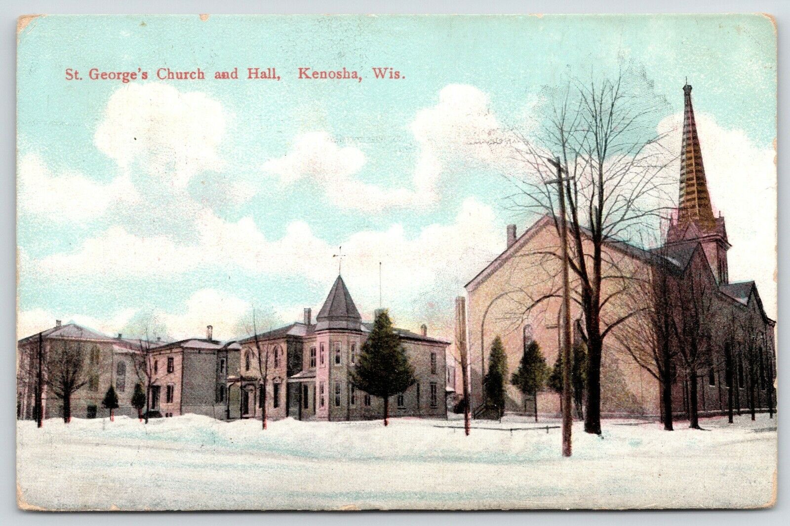 Kenosha Wisconsin~St George\'s Church & Hall~Deep Snow~c1910 Postcard