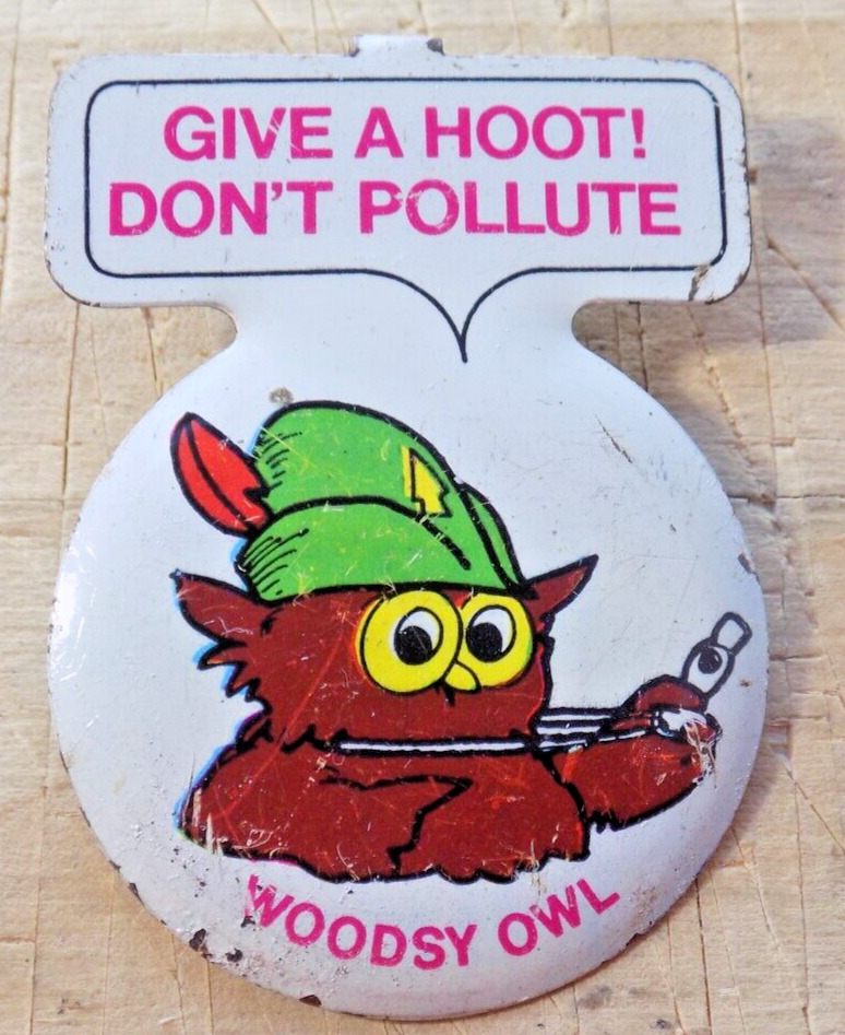WOODSY OWL Vintage GIVE A HOOT DON\'T POLLUTE Stamped Metal BADGE