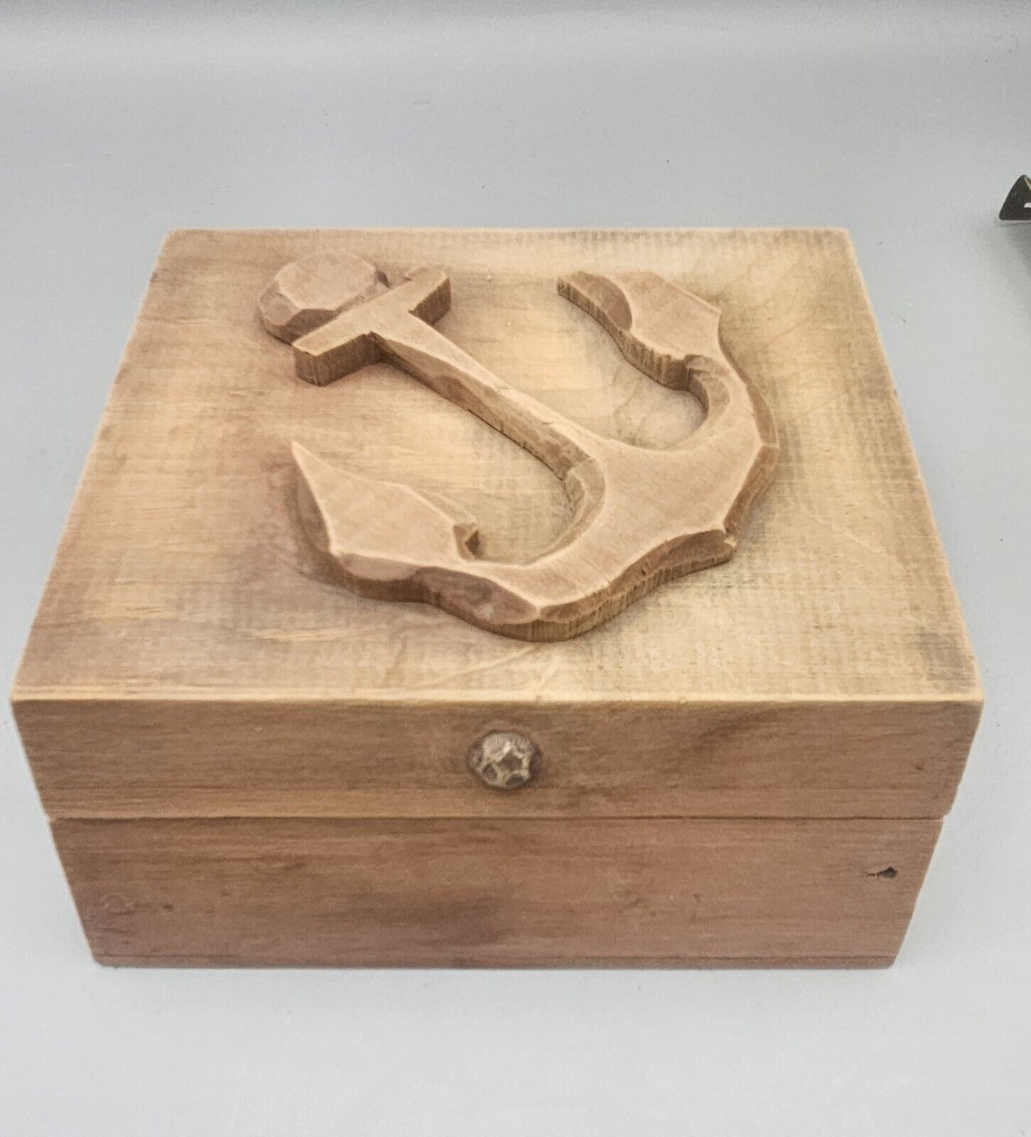 Vintage Hand Carved Wood Box With Anchor On Lid 5 1/2\