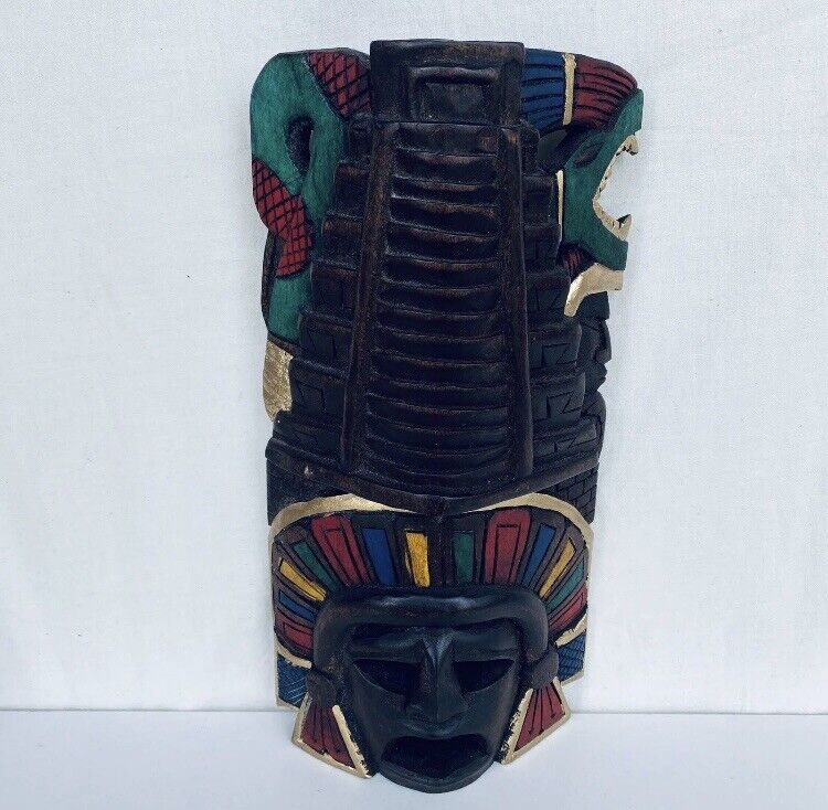 VTG Hand Carved Hand Painted Mexican Mayan Wooden Mask 
