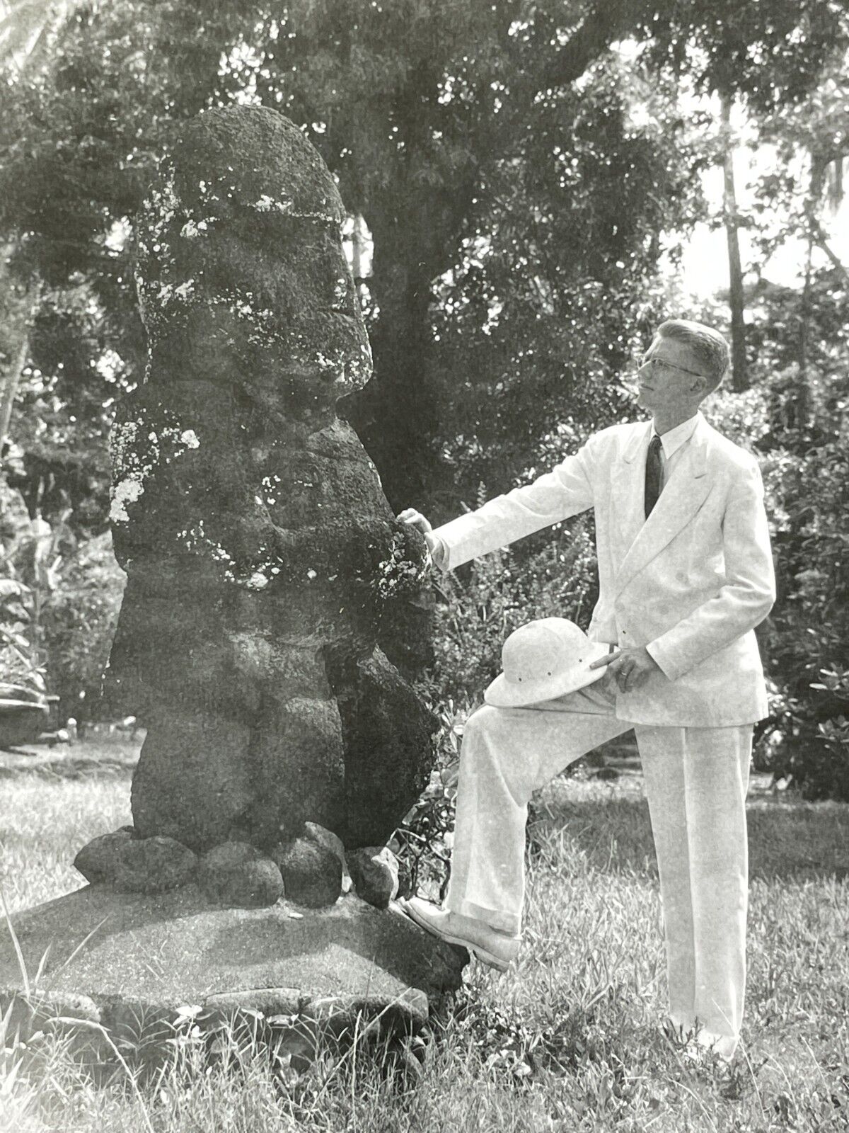 S3 Photograph Man White Suit Safari Hat Admires Megalithic Statue Tahiti 1950\'s