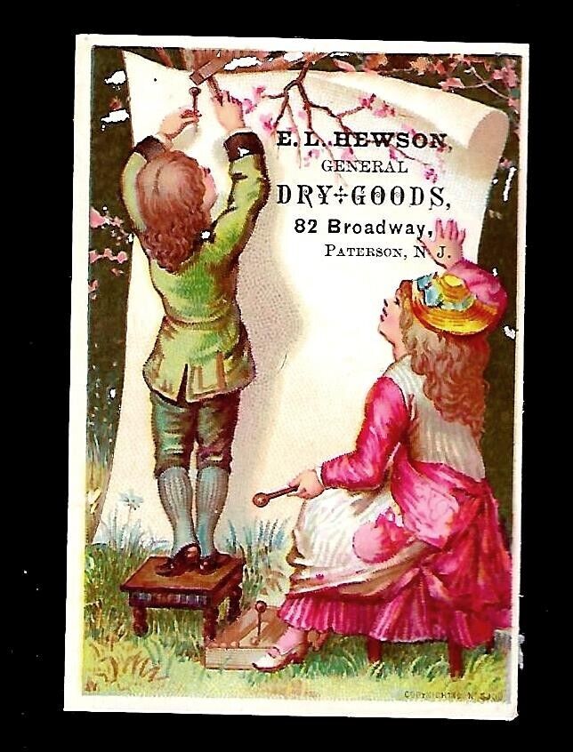 c1890's Trade Card E.L. Hewson Dry Goods, Victorian Lady & Man Hanging a Sign