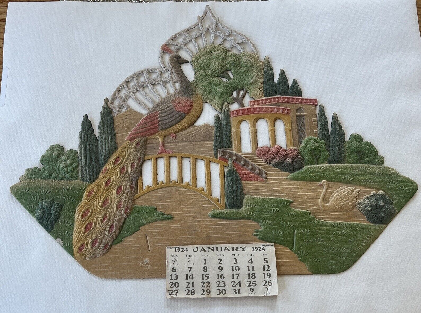 Antique 1924 Full Year Calendar Asian Themed Cut Out Landscape