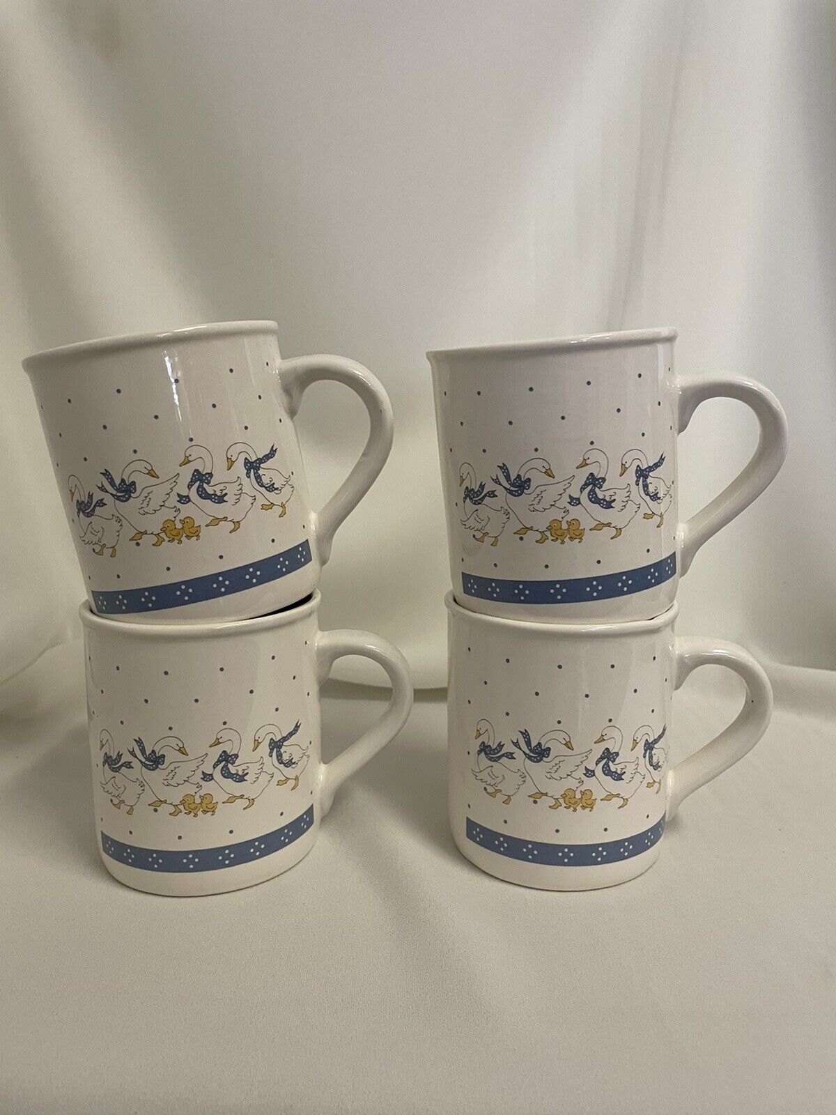 Vintage Blue Ribbon Geese Set Of 4 Coffee Mugs 1980s Geese And Chicks