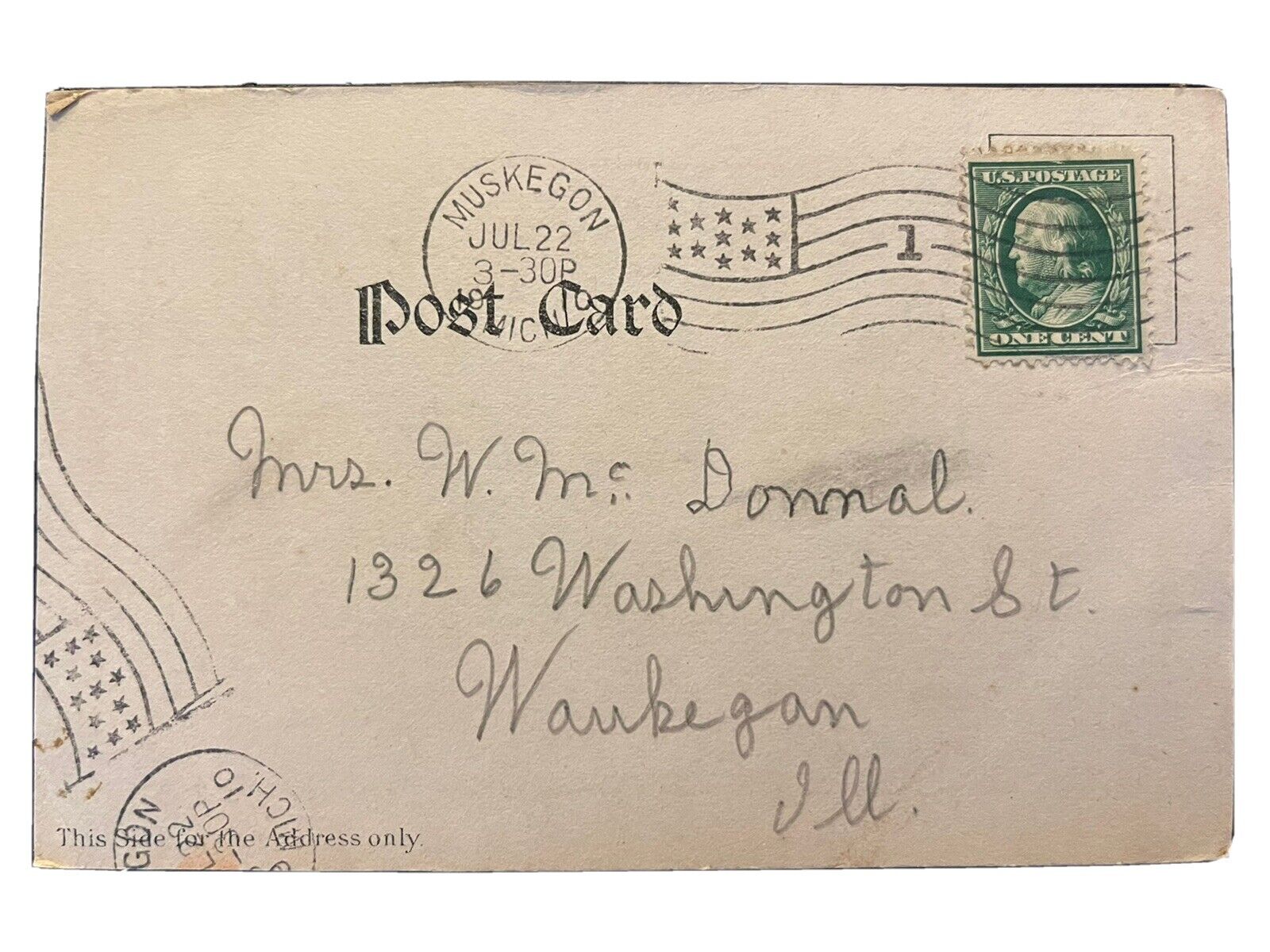 1910 Postcard With One Cent Green Benjamin Franklin Postage Stamp