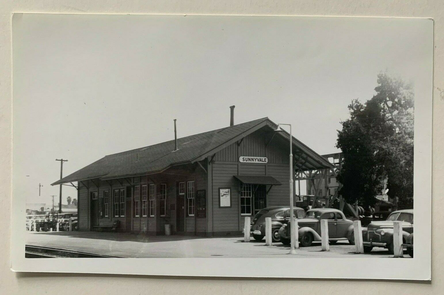 5x8 B&W Photo ca 1940s Sunnyvale California Railroad Depot station autos REPRINT