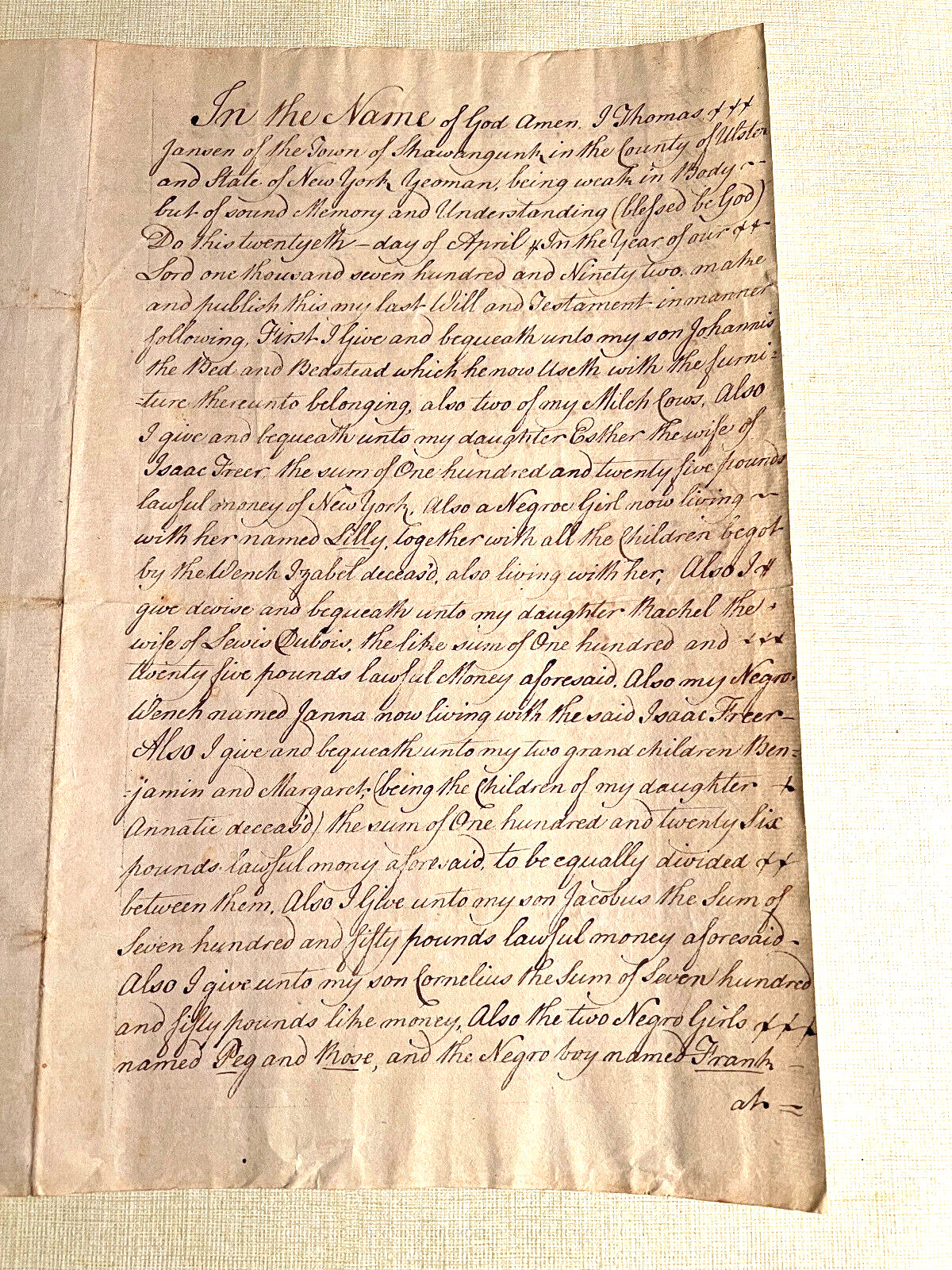 RARE 1792 Named Slave Document New York Slaveowner “my Negro Wench Janna\
