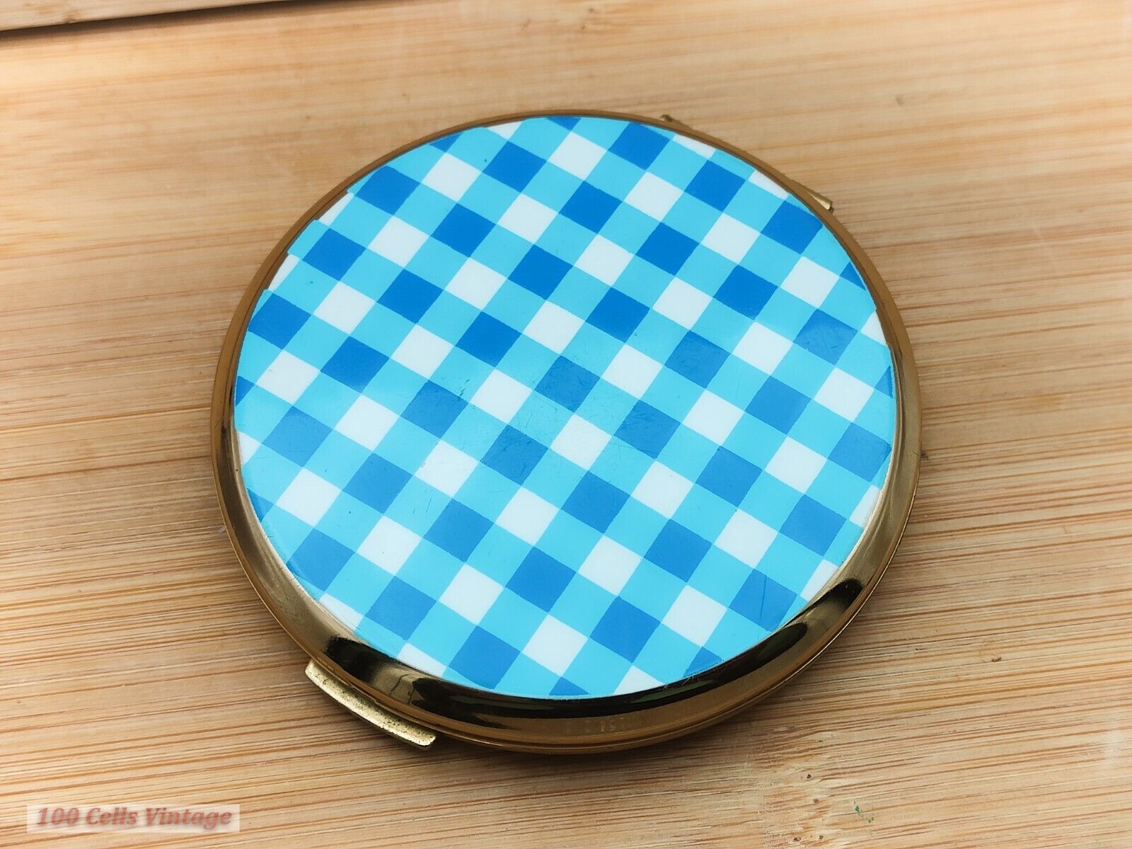 Stratton Blue and White Check Pattern-Vintage Ladies Powder Compact-0re