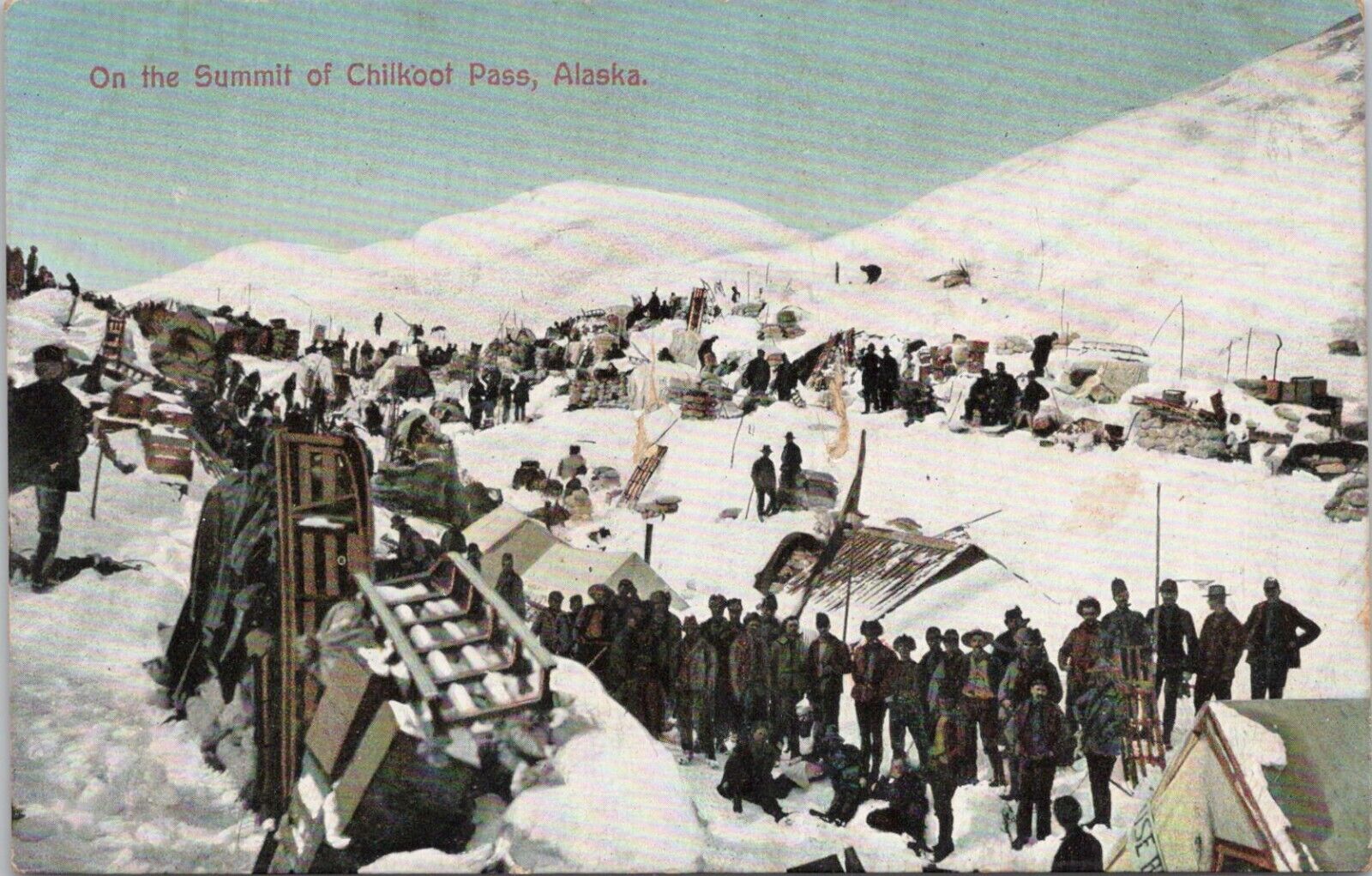 Lithograph- Alaska Busy Mining Camp Scene at Chilkoot Pass Summit early 1900s