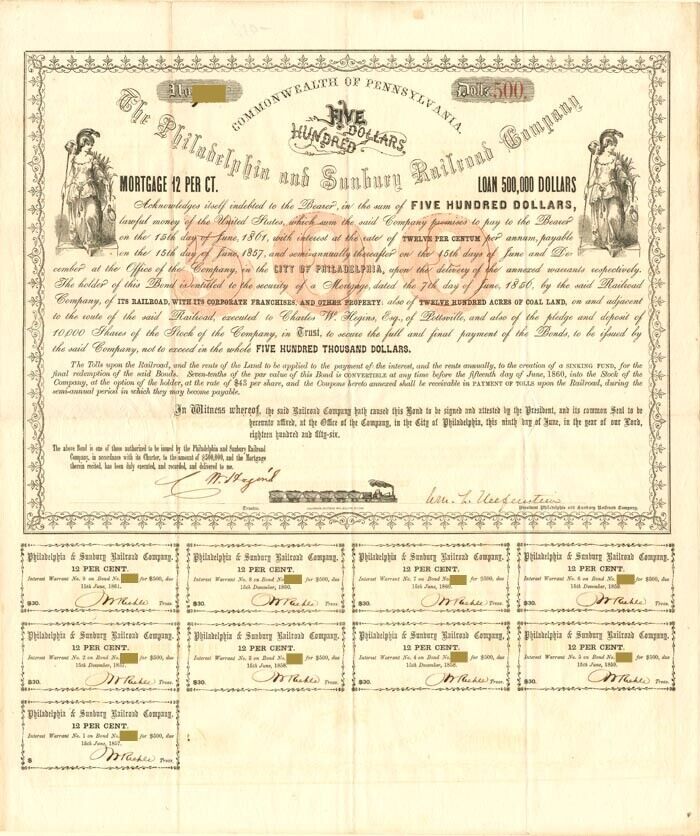 Philadelphia and Sunbury Railroad Co. - Pennsylvania $500 (Uncanceled) Bond - Ra