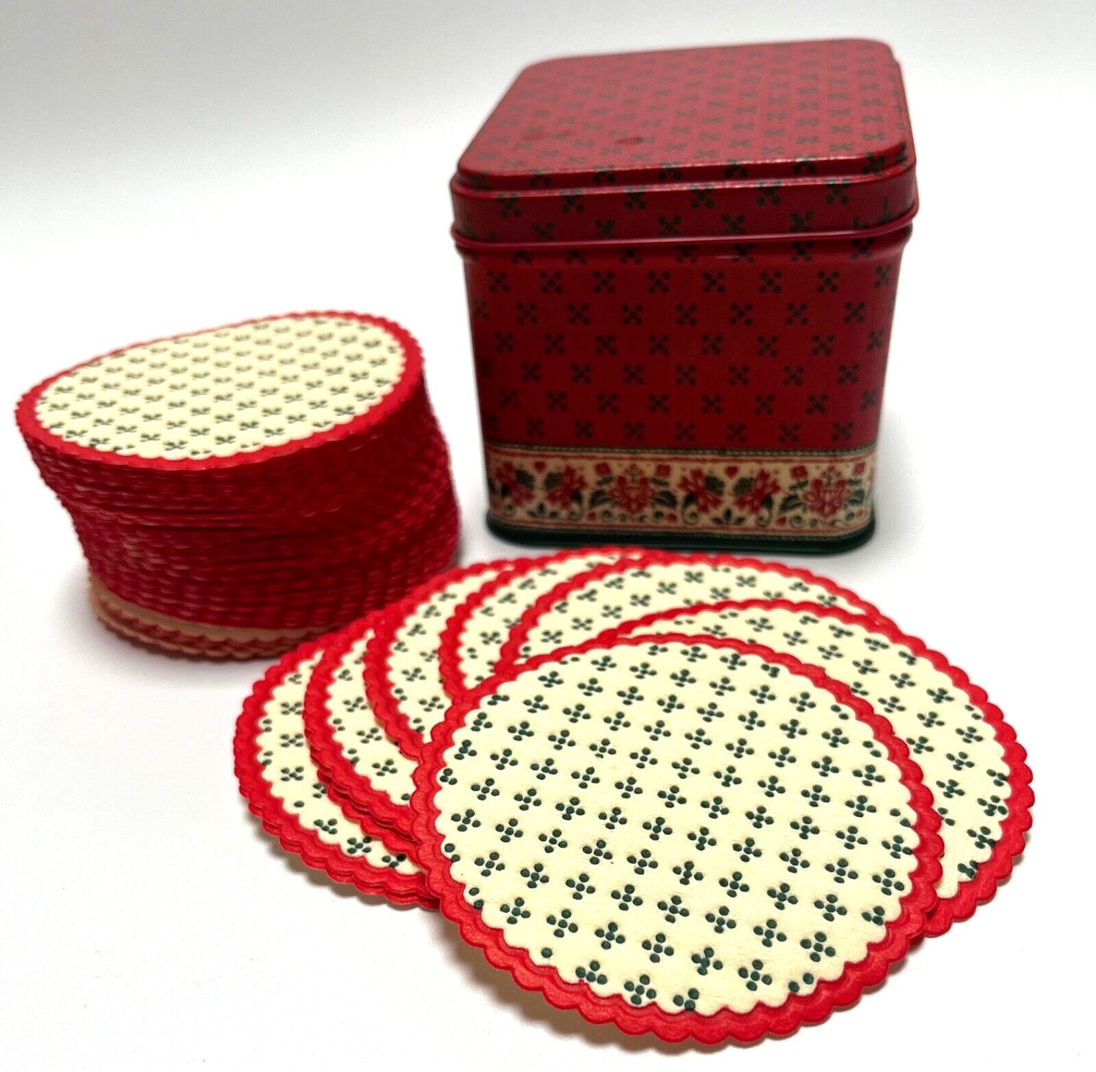Vintage Potpourri Press Disposable Paper Holiday Coasters Red & Green w/ Tin