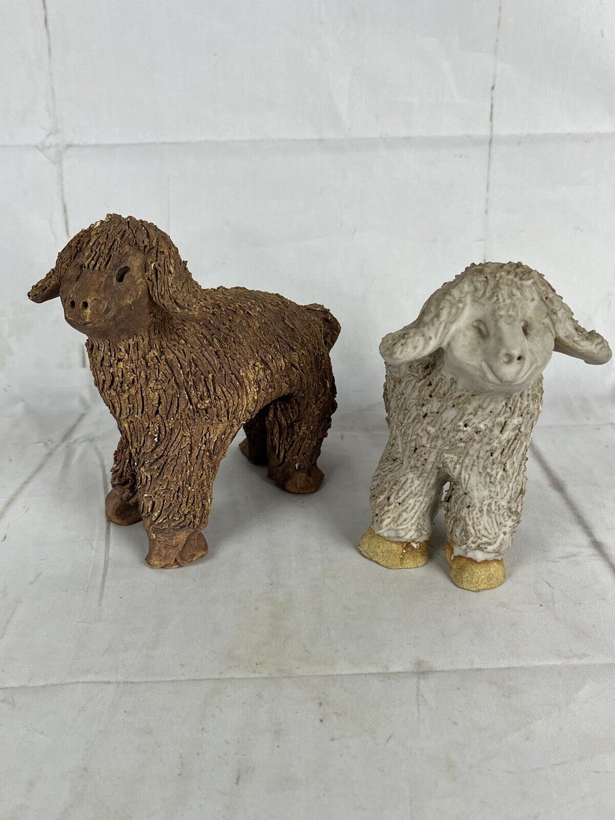Vtg. Pottery Sheep Highland Cows Sculptures Folk Art Textured Signed Jac \'89