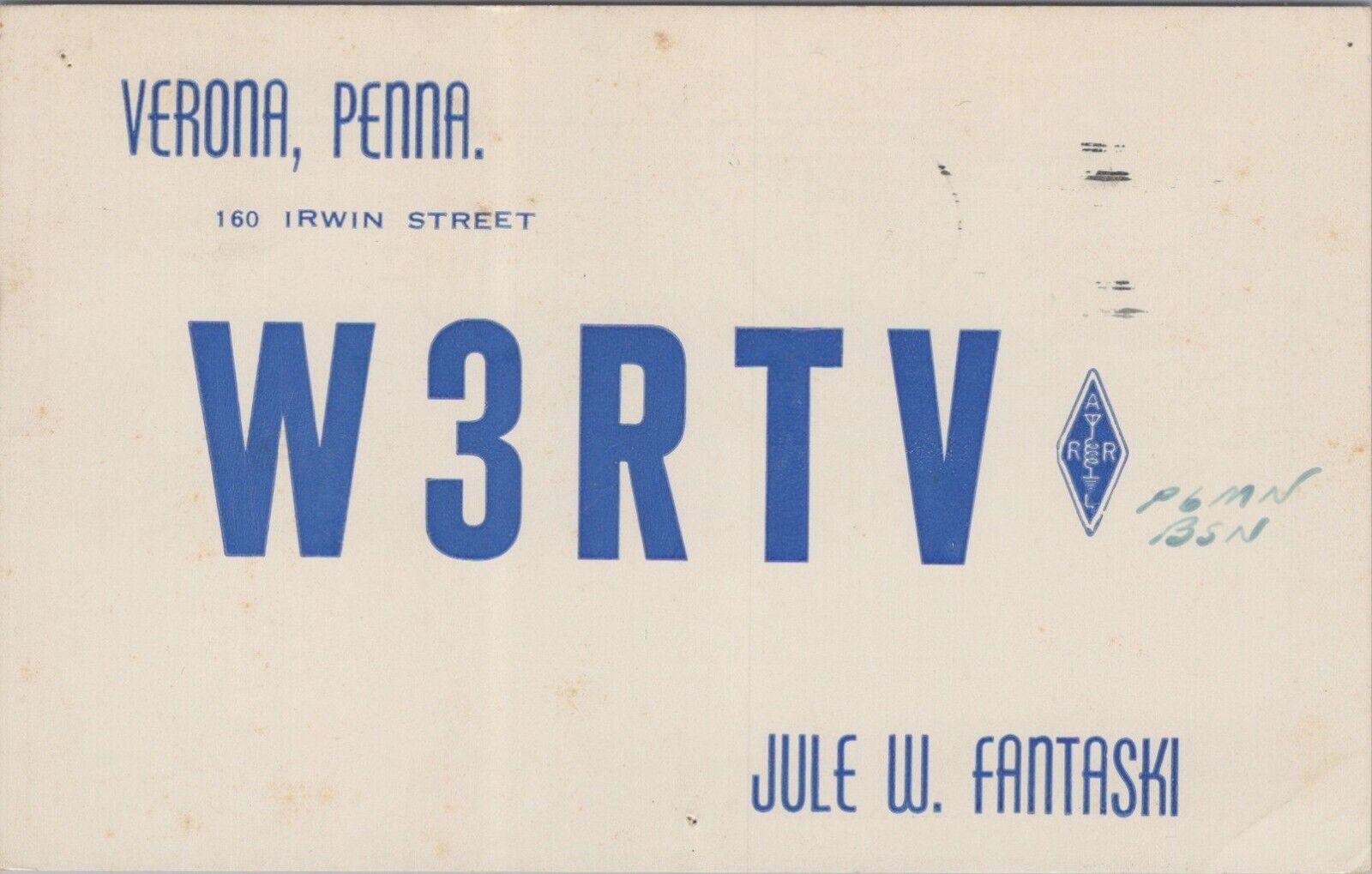 amateur ham radio QSL postcard W3RTV Jule W Fantaski 1958 Verona Pennsylvania