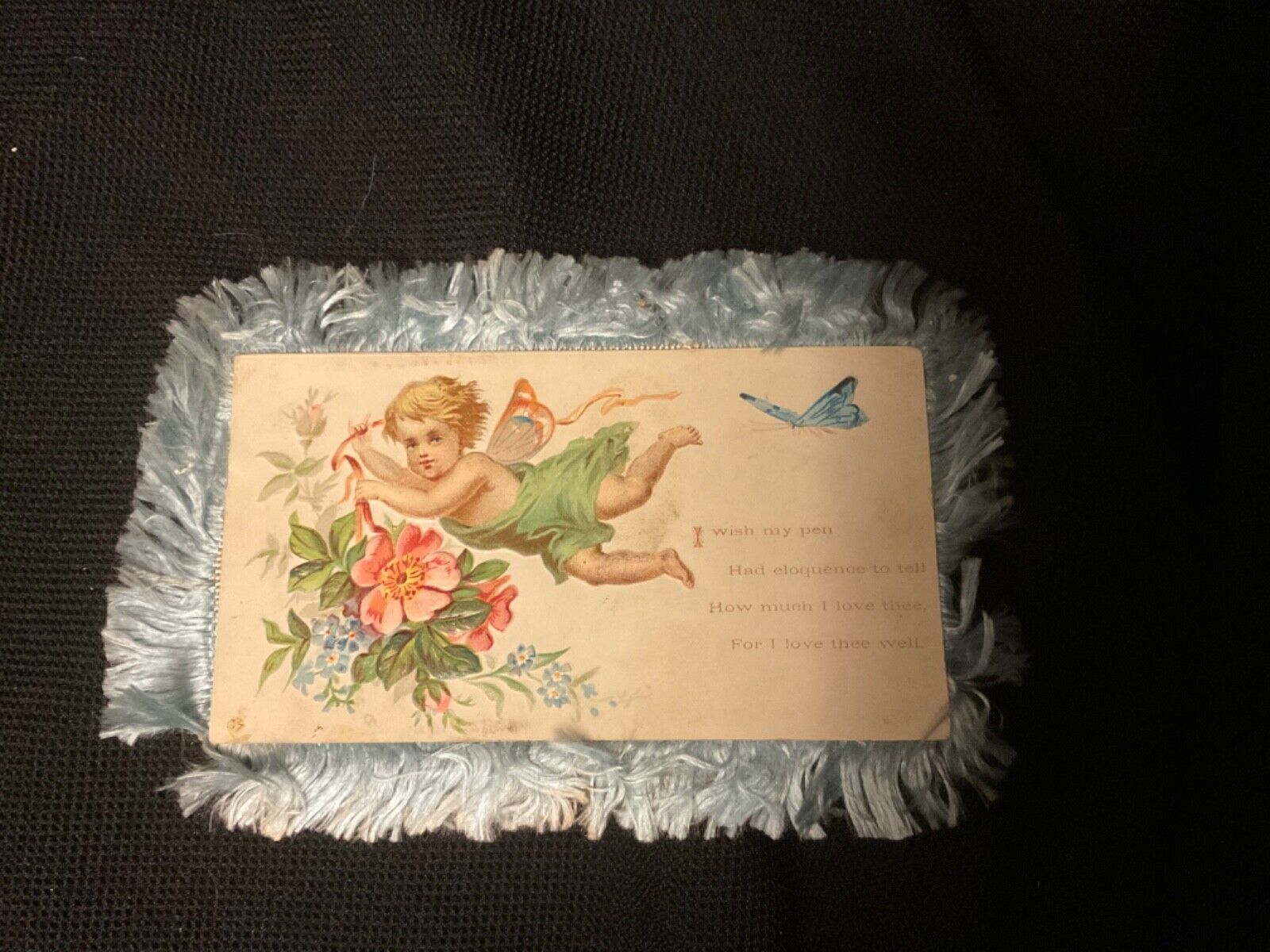 Vintage Victorian Cherub & Floral silk fringed valentine Card c. 1800s unsigned