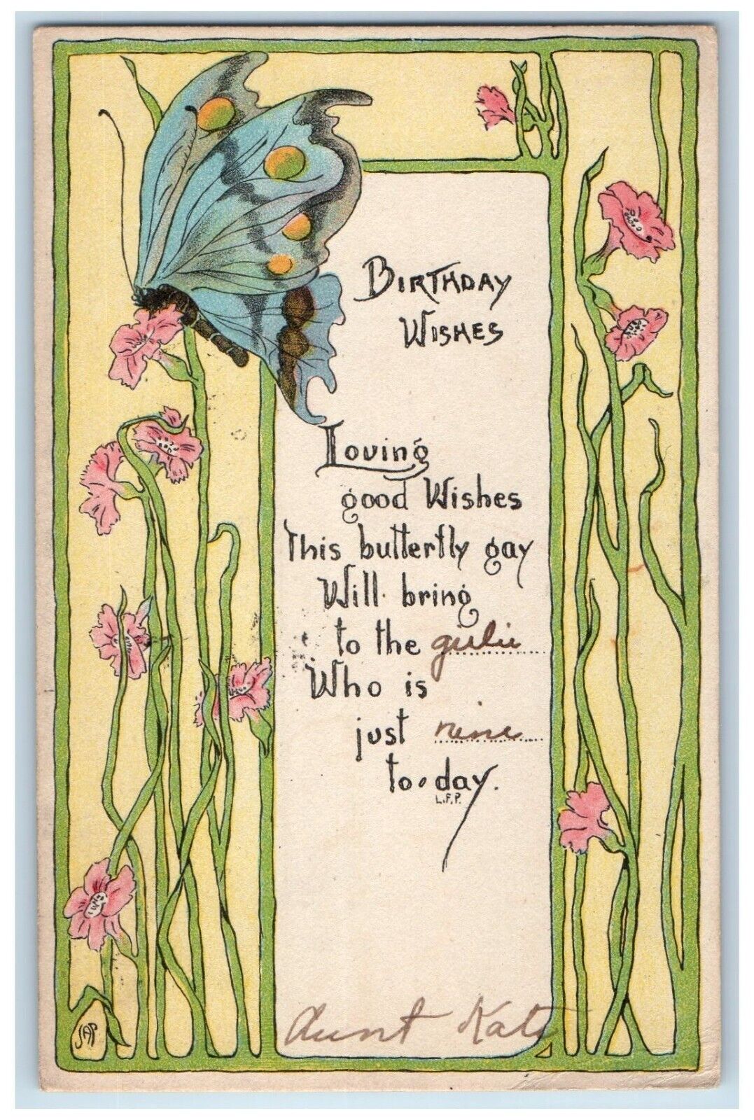 1922 Birthday Wishes Message Butterfly Flowers Arts Crafts Antique Postcard