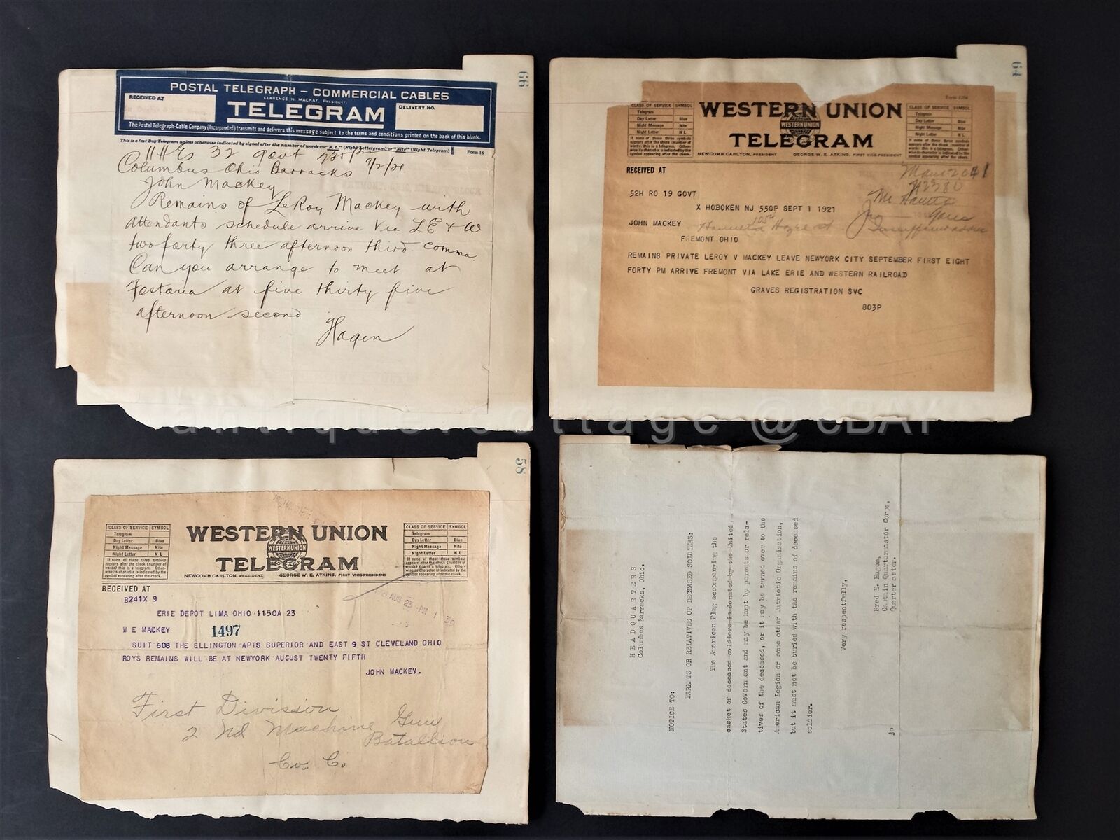 LOT 1921 antique WWI TELEGRAMS MACKEY SOLDIER KILLED fremont oh military letters