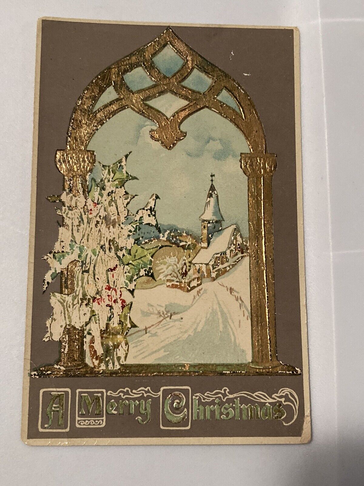 1908 Art Noveau Gel Christmas Postcard Gold Altar Winter Village Scene