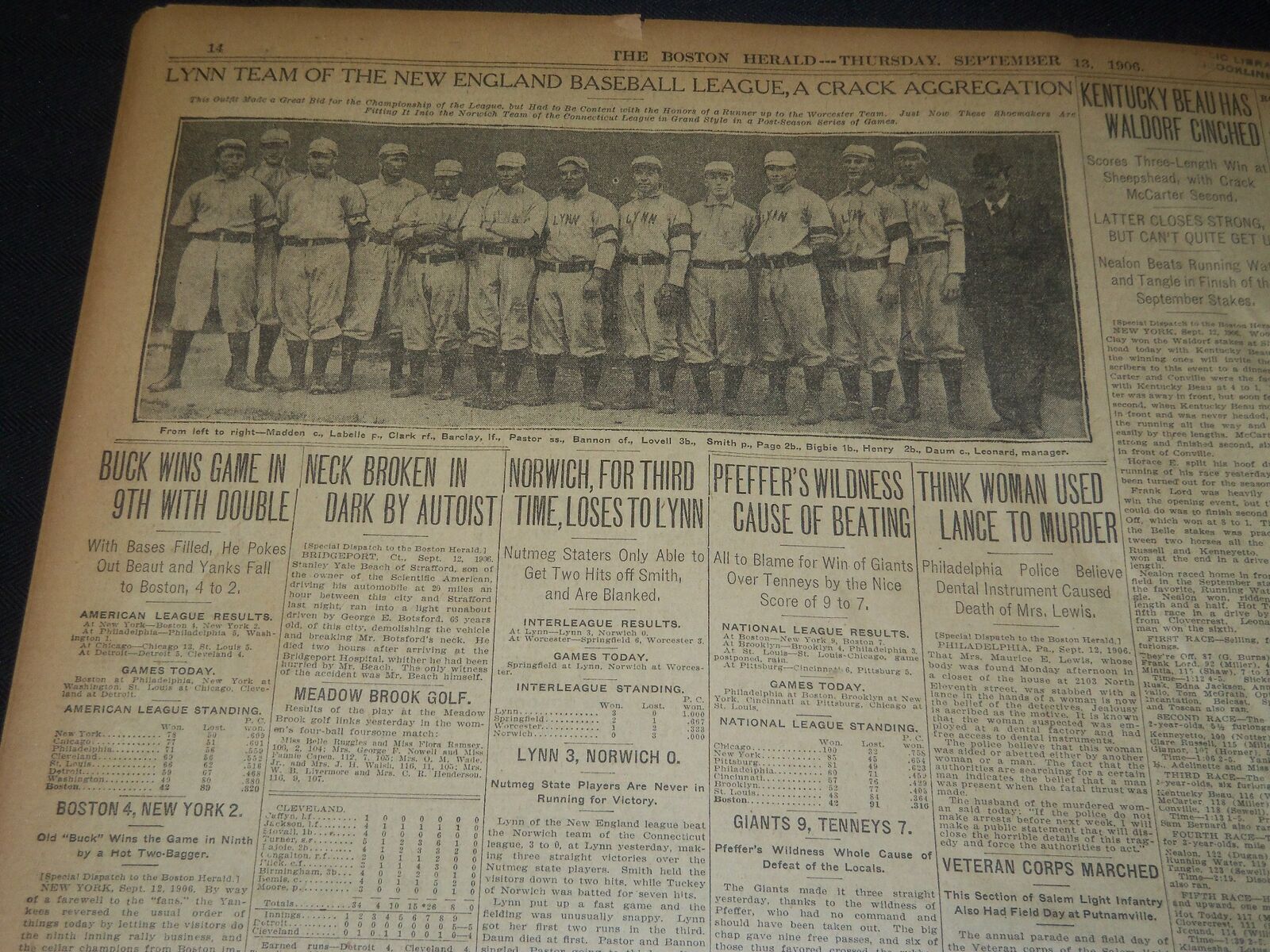 1906 SEPTEMBER 13 THE BOSTON HERALD - LYNN BASEBALL TEAM - BH 98