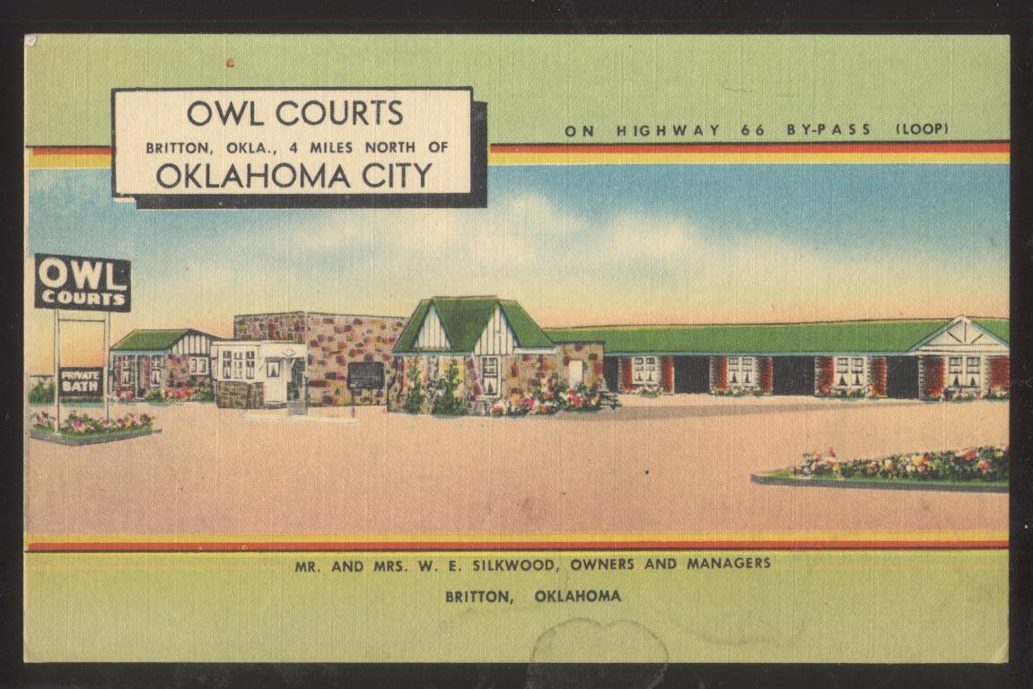 Postcard BRITTON Oklahoma/OK ROUTE RT 66 Owl Tourist Motel Motor Court 1930\'s